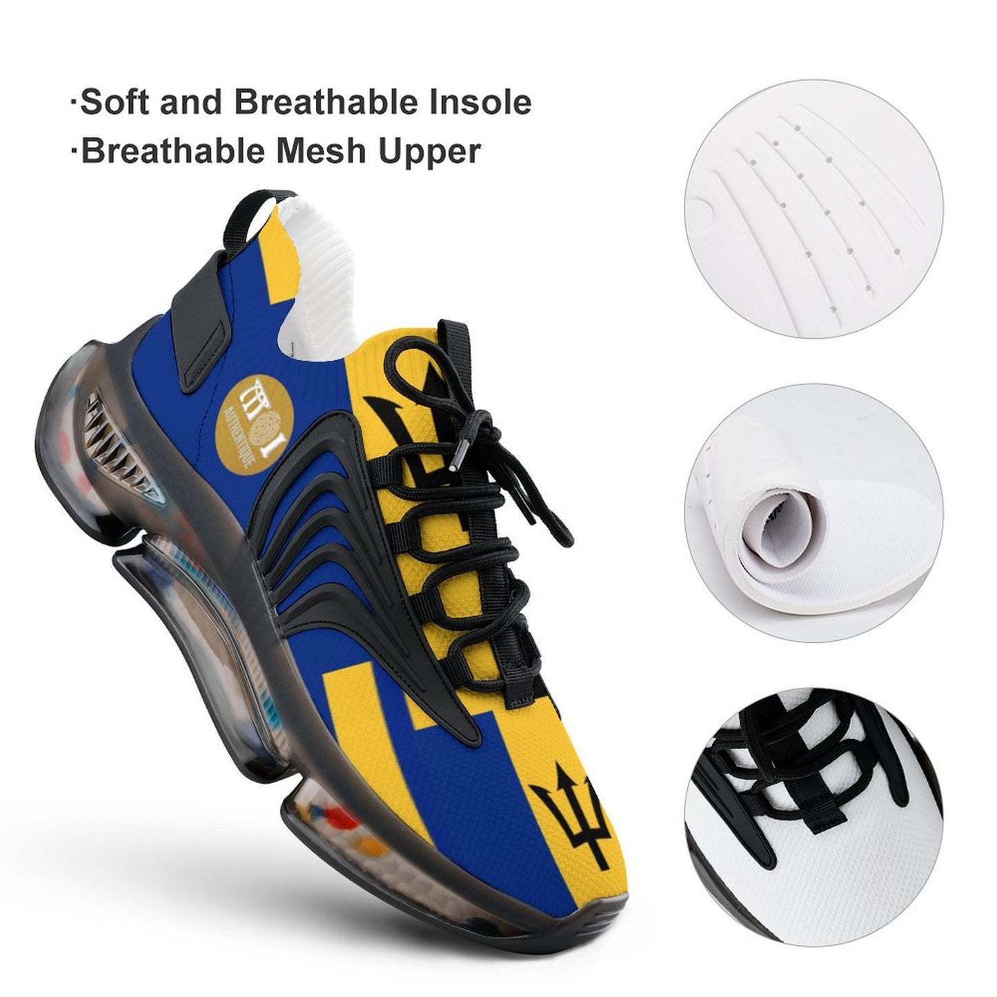 Blue and yellow sneaker with soft and breathable insole and mesh upper features.