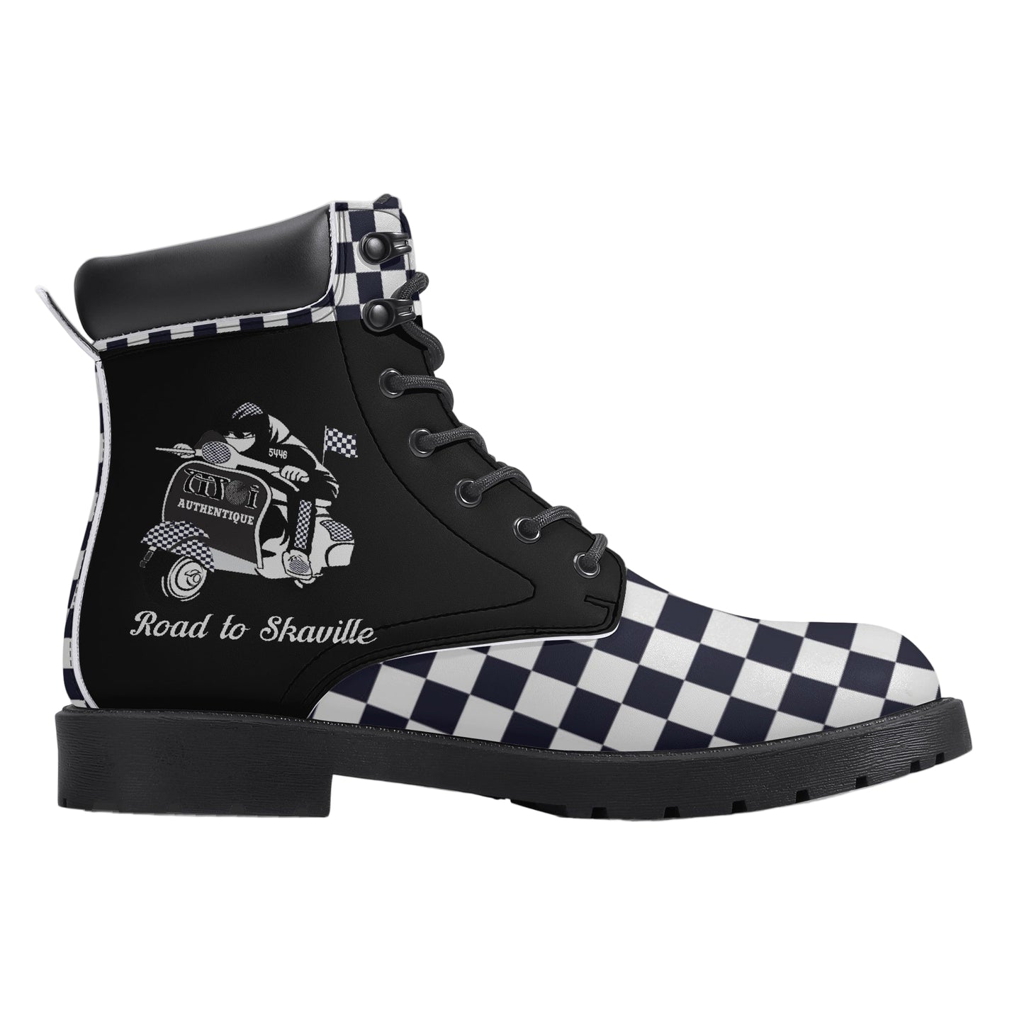 Black and white checkered high-top sneaker with graphic design on a white background
