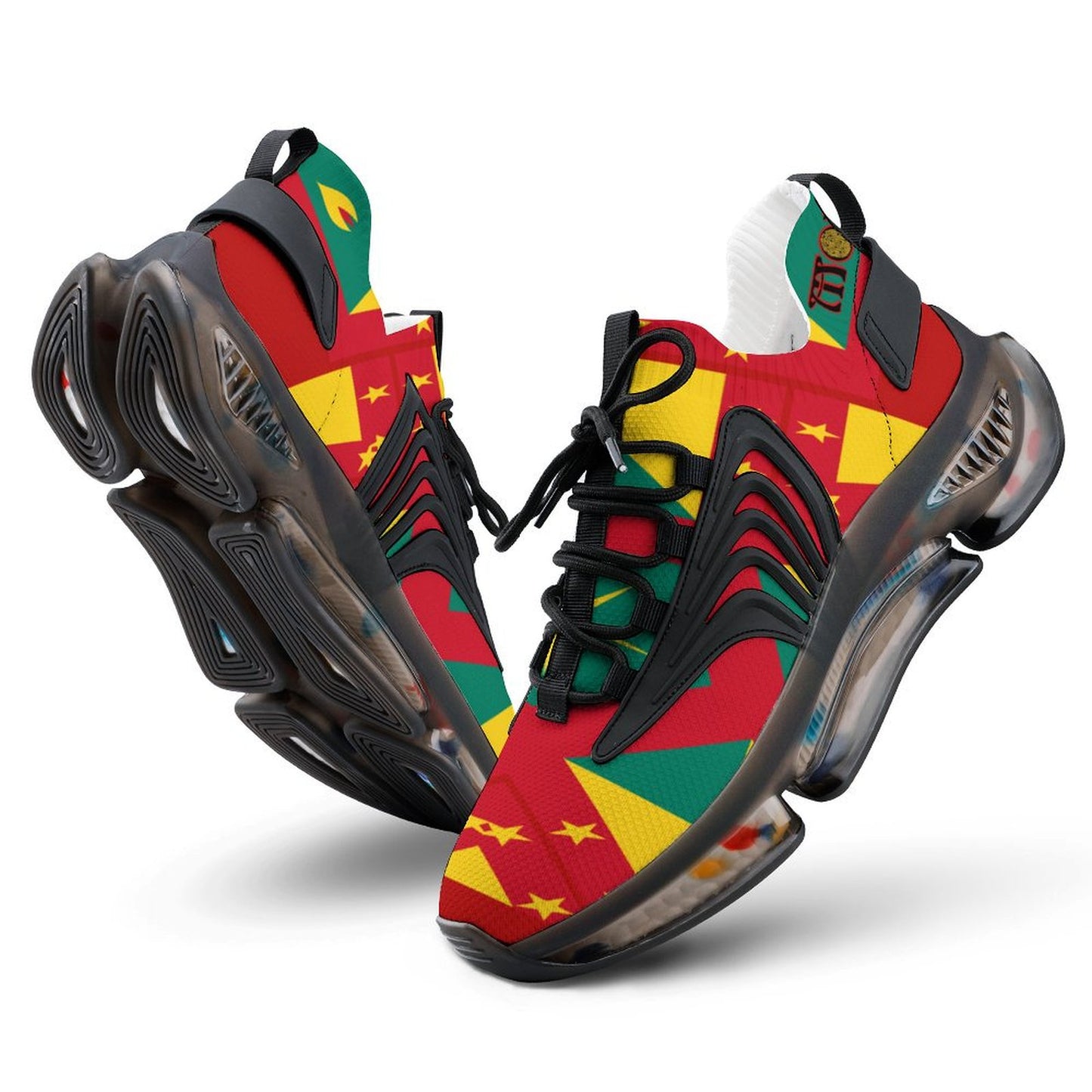 Colourful sneakers with a geometric pattern on a white background