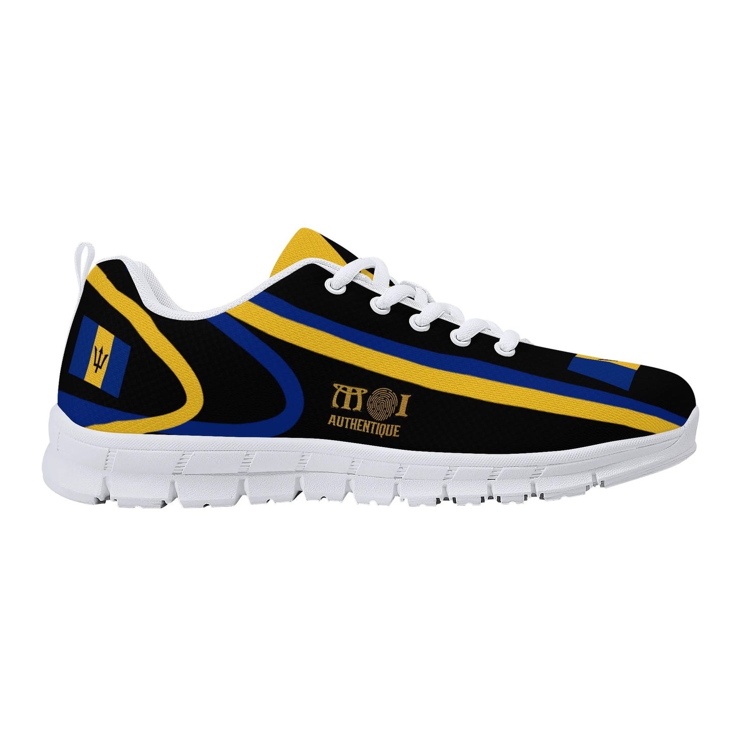 Black and yellow sneaker with blue accents on a white background