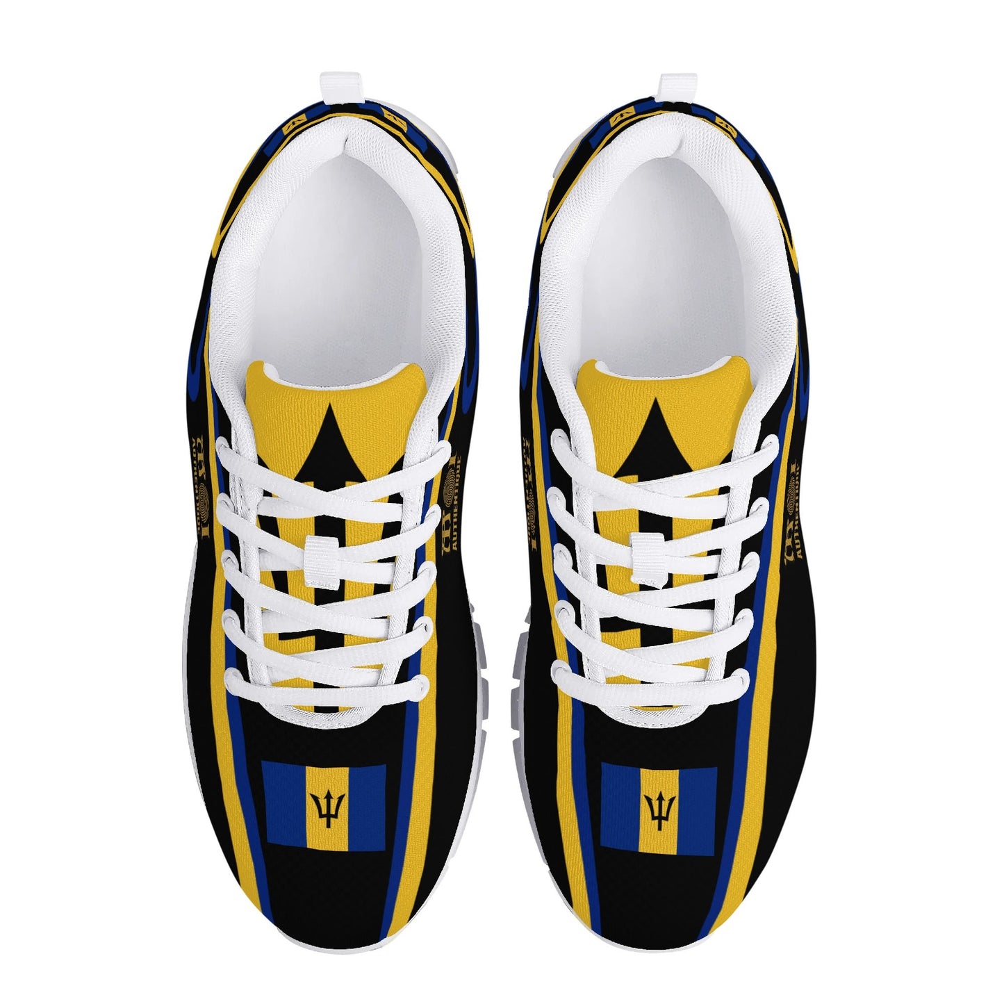 Pair of shoes with a design resembling the Barbados flag on a white background