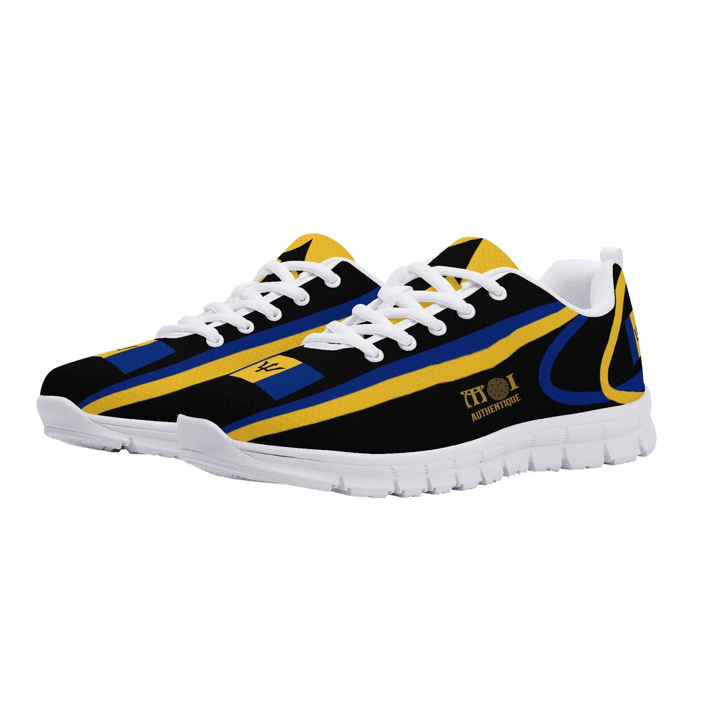 Black and yellow striped sneakers with white laces on a white background