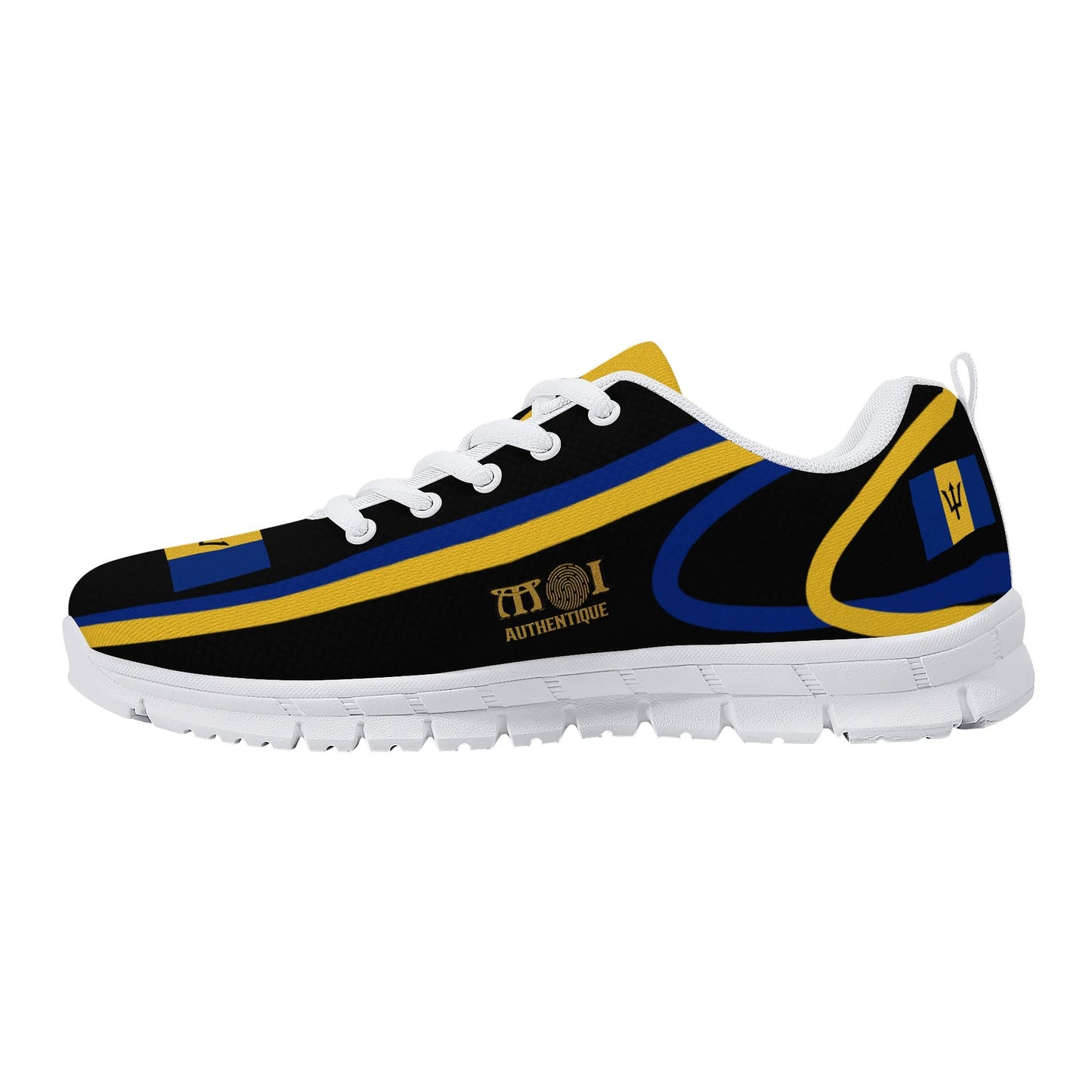 Sneaker with black, yellow, and blue design on a white background