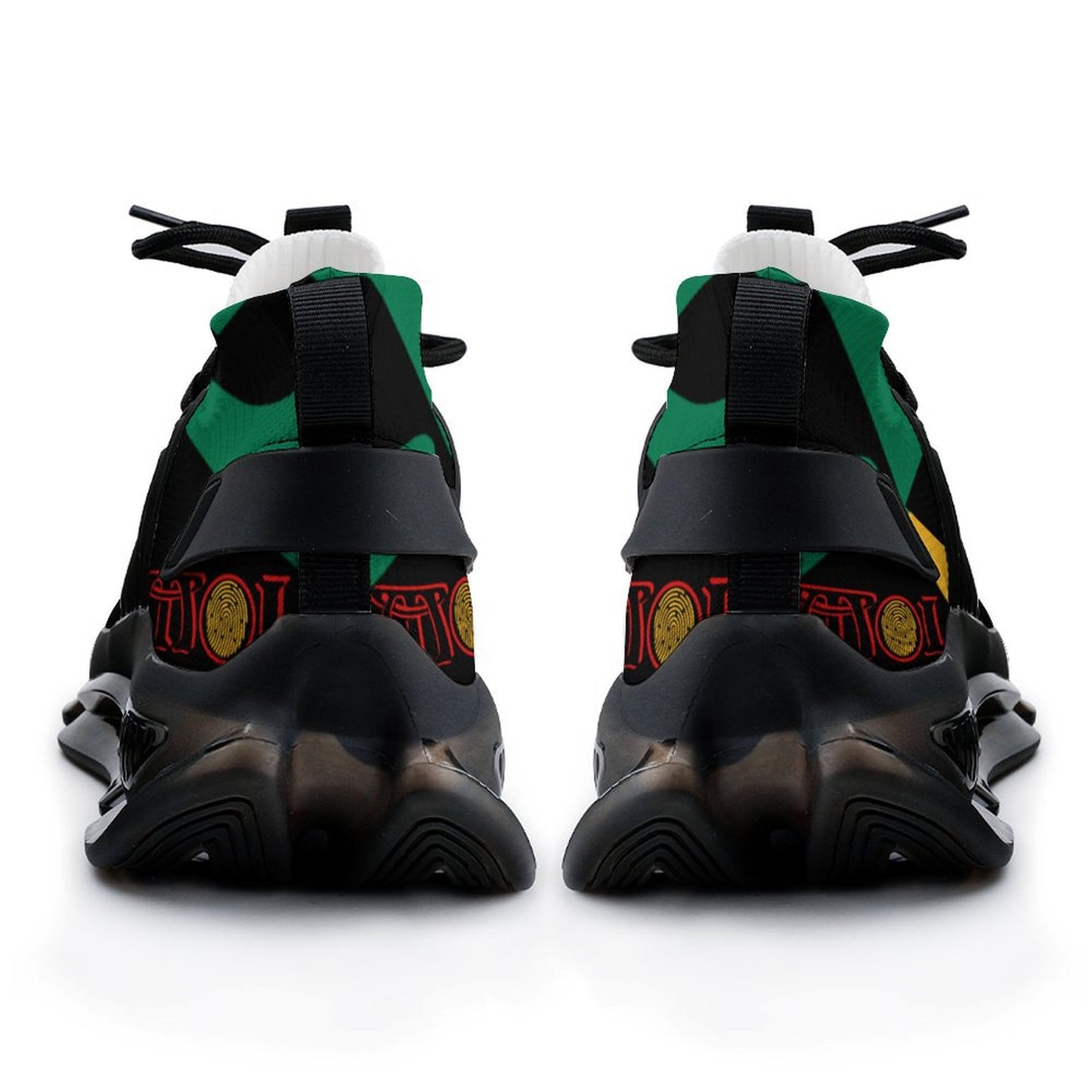 Black and green sneakers with colourful accents on a white background