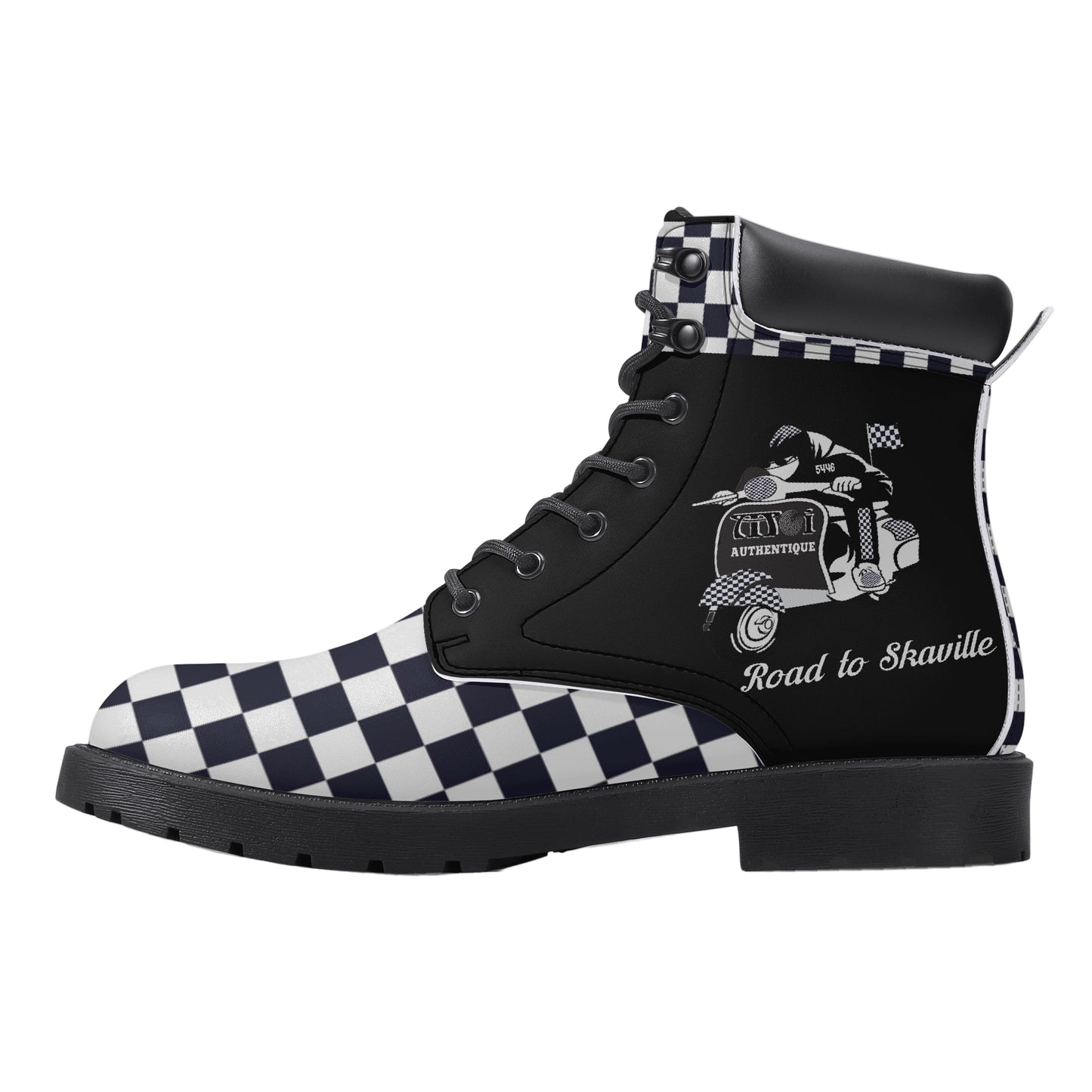 Black and white checkered high-top shoes with a graphic design on a white background