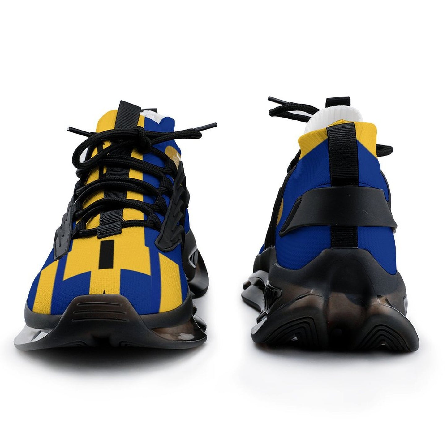 Blue and yellow sneakers with black accents on a white background