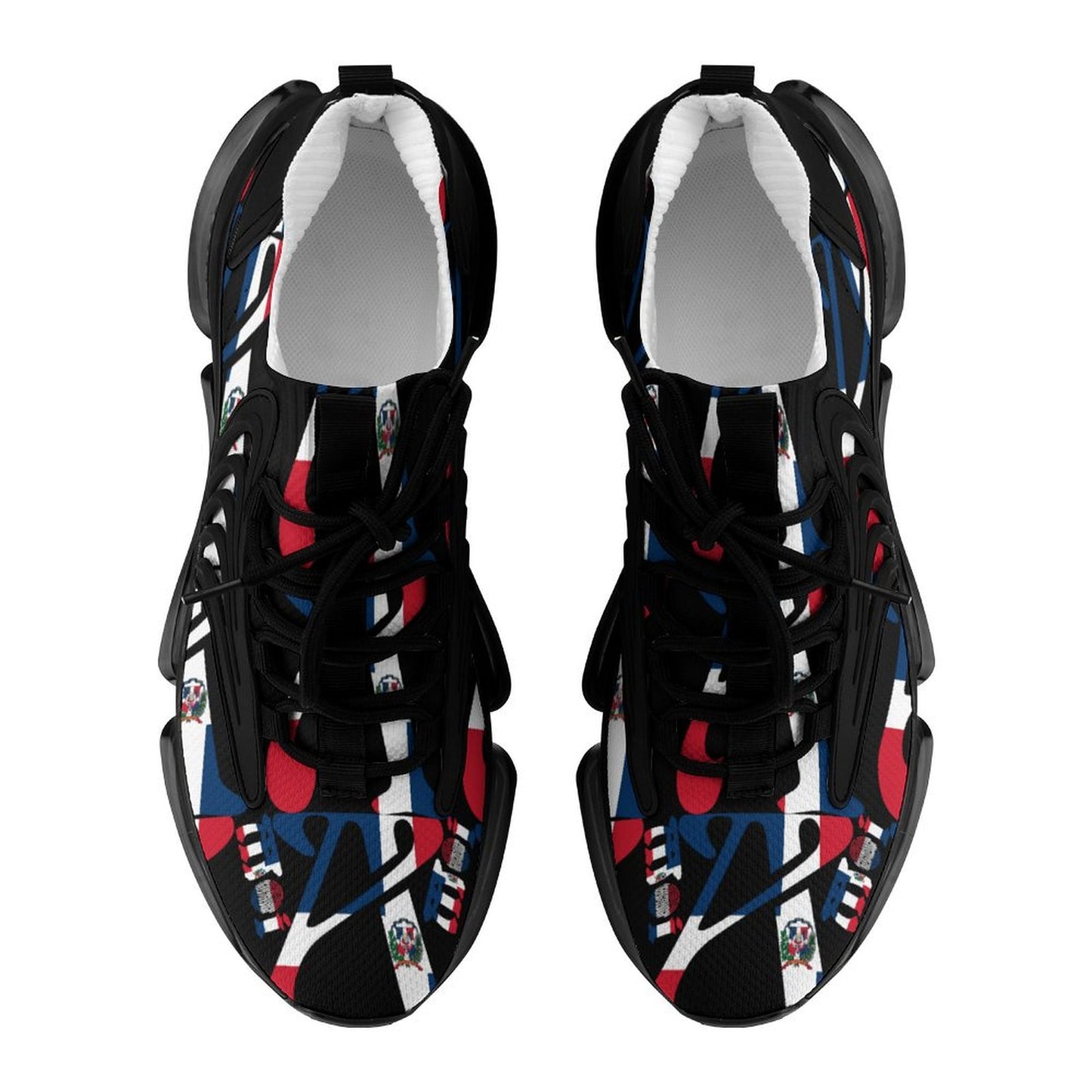 Black sneakers with colourful geometric pattern on a white background