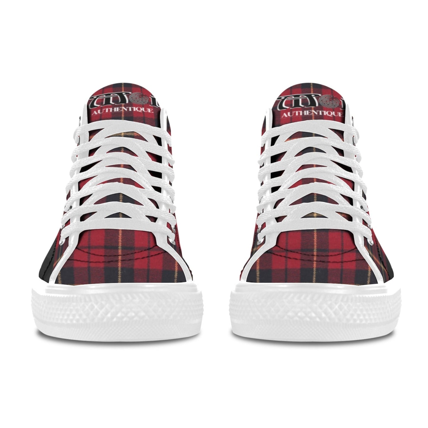 Red and black plaid sneakers with white laces on a white background