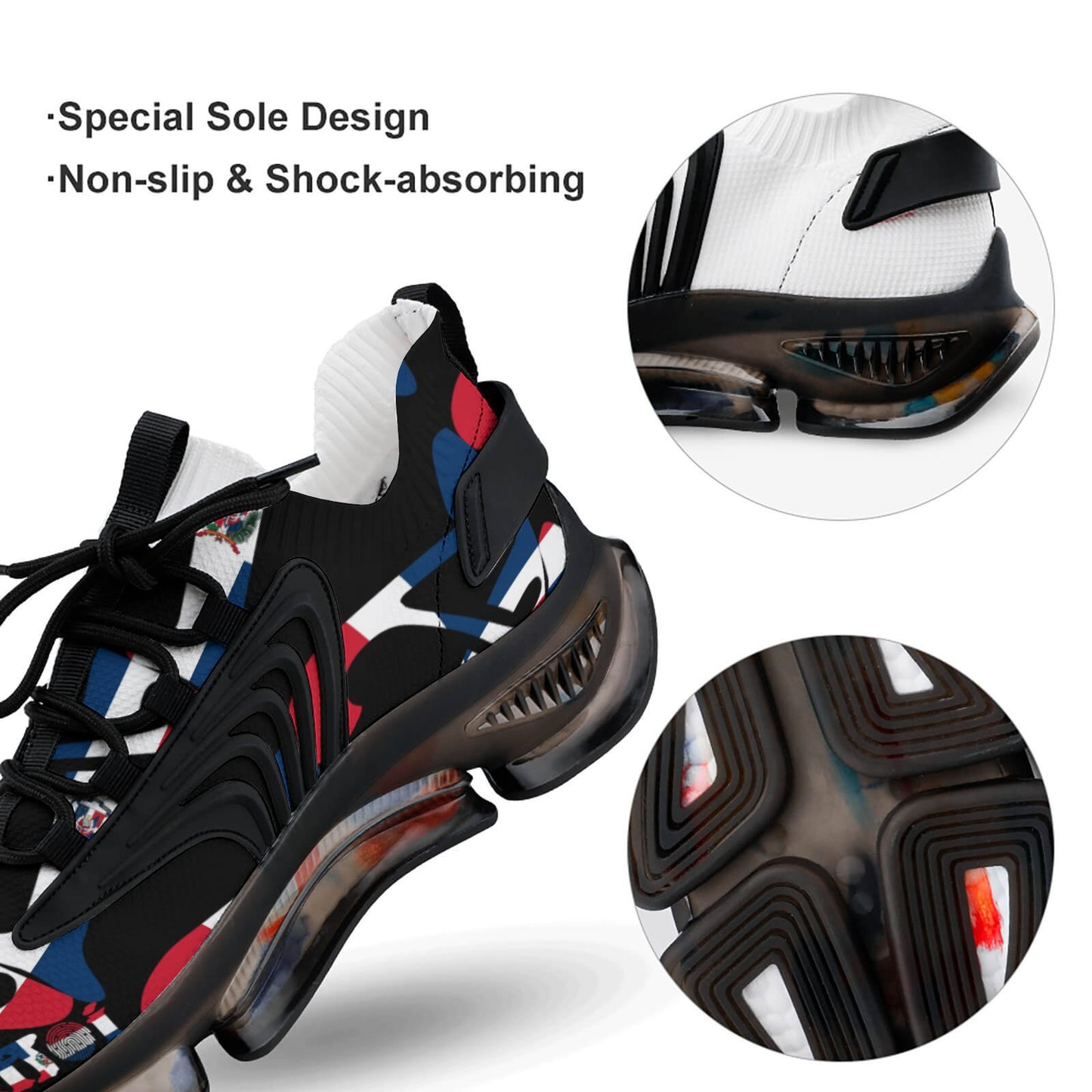 Black and white sneaker with colourful accents, showing sole design and shock-absorbing features.