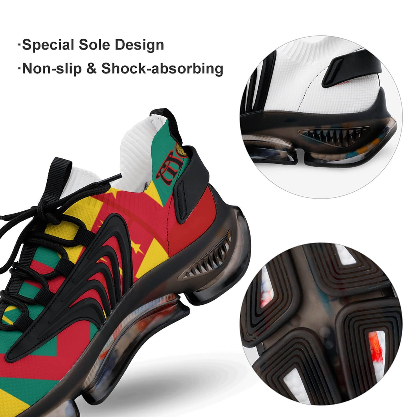 Colourful sneaker with special sole design, non-slip, and shock-absorbing features.