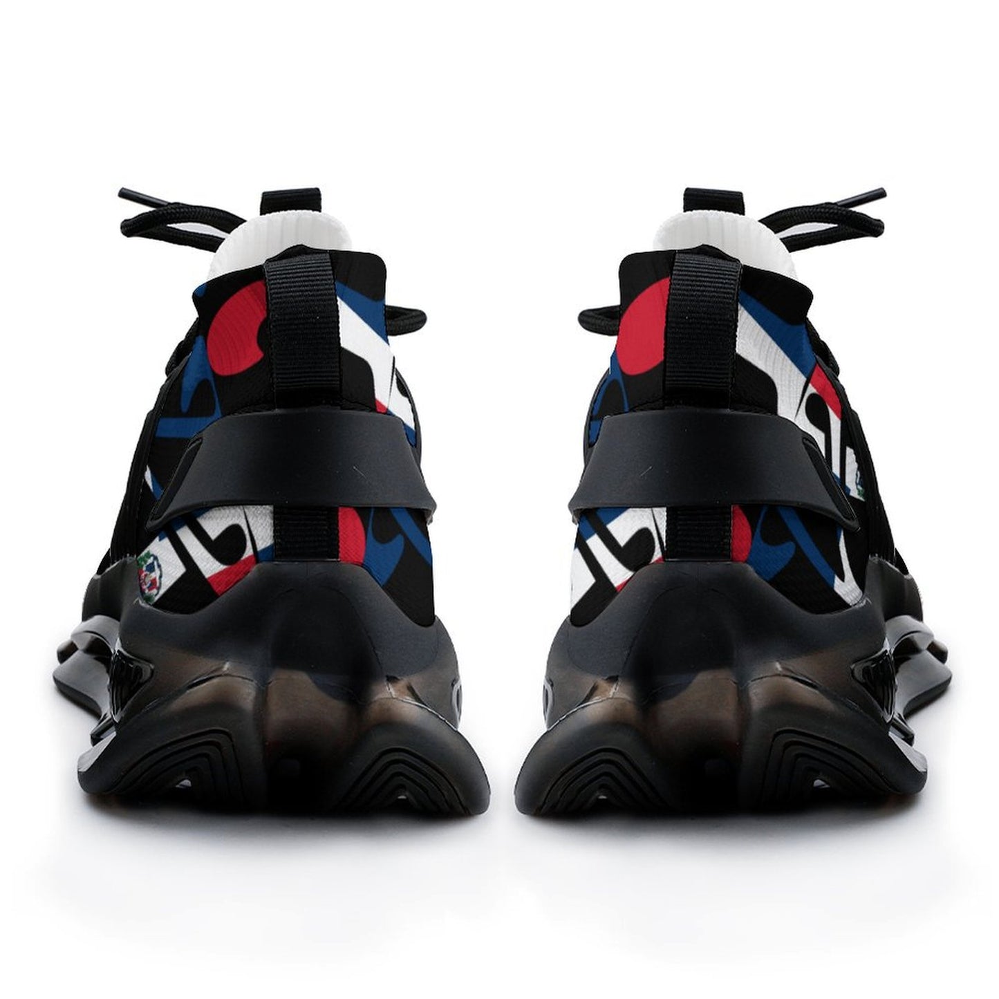 Black and multicoloured sneakers on a white background