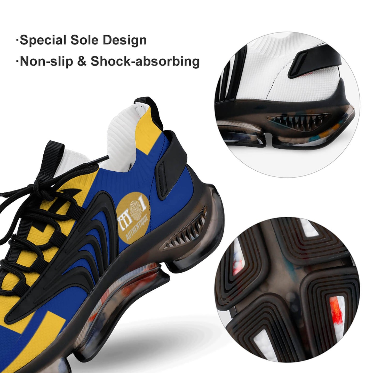 Blue and yellow athletic shoe with close-up details on sole design