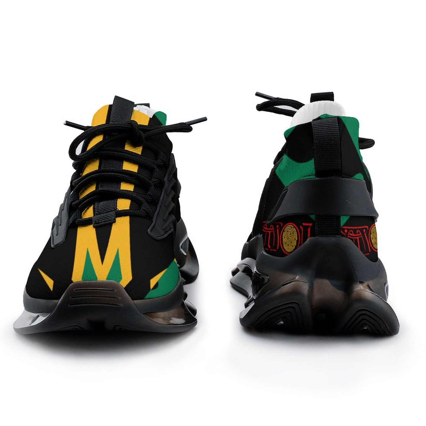 Black high-top sneakers with colourful designs on a white background