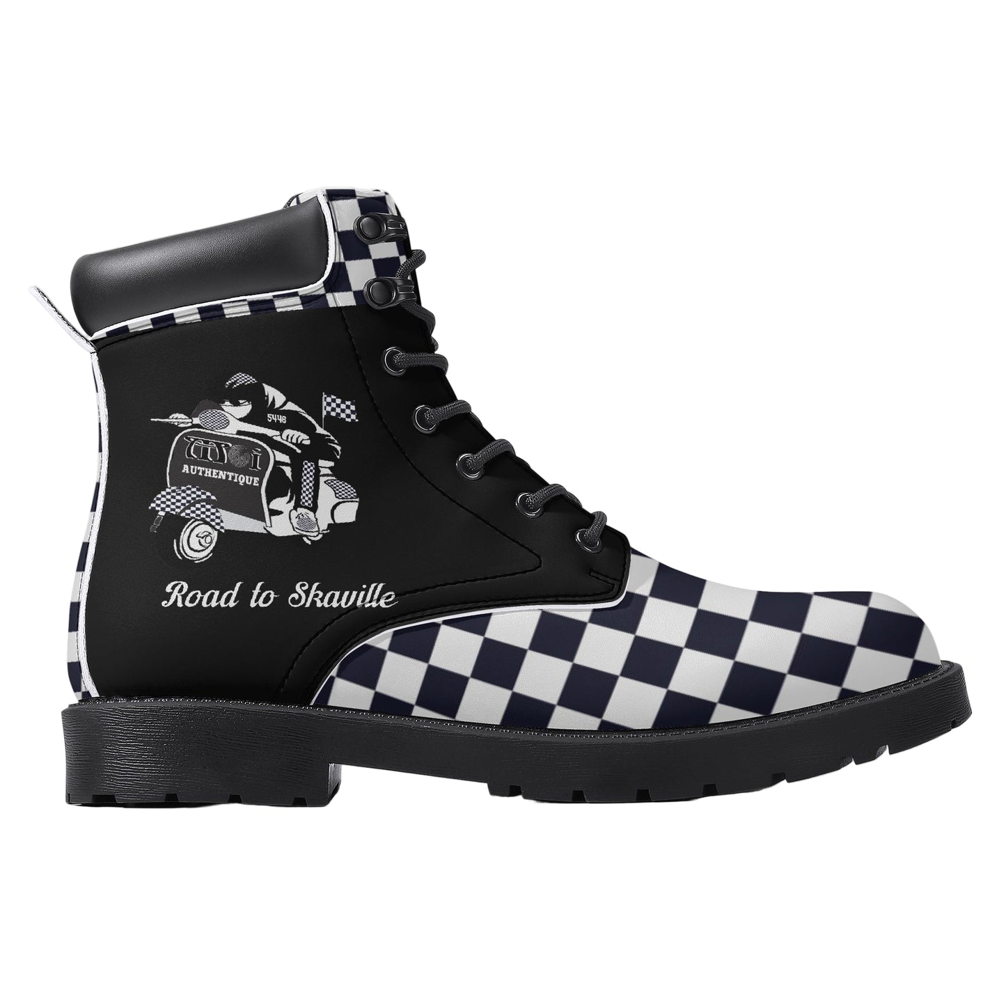Black boot with checkered pattern and 'Road to Shawville' text on a white background