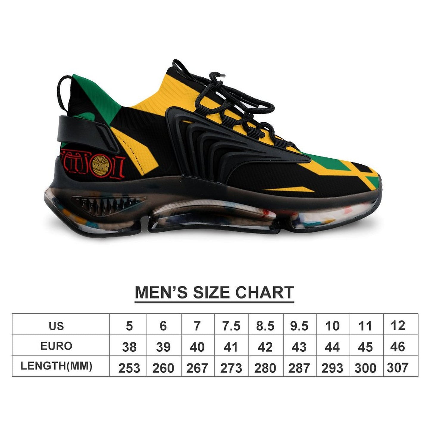 Colourful sneaker with a size chart below on a white background