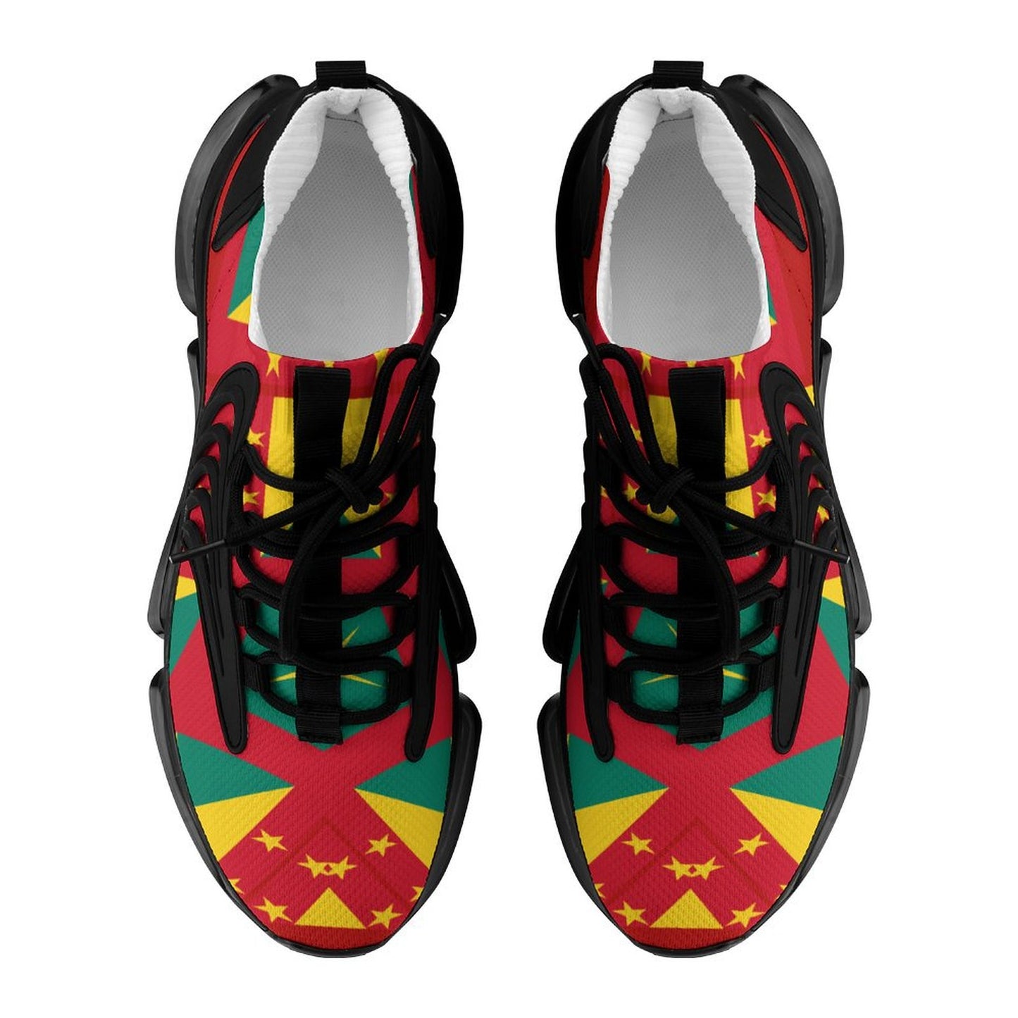 Colourful sneakers with a geometric pattern on a white background