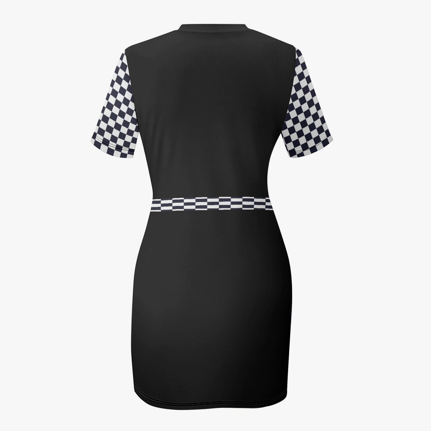 Black dress with checkered sleeves and waistband on a white background