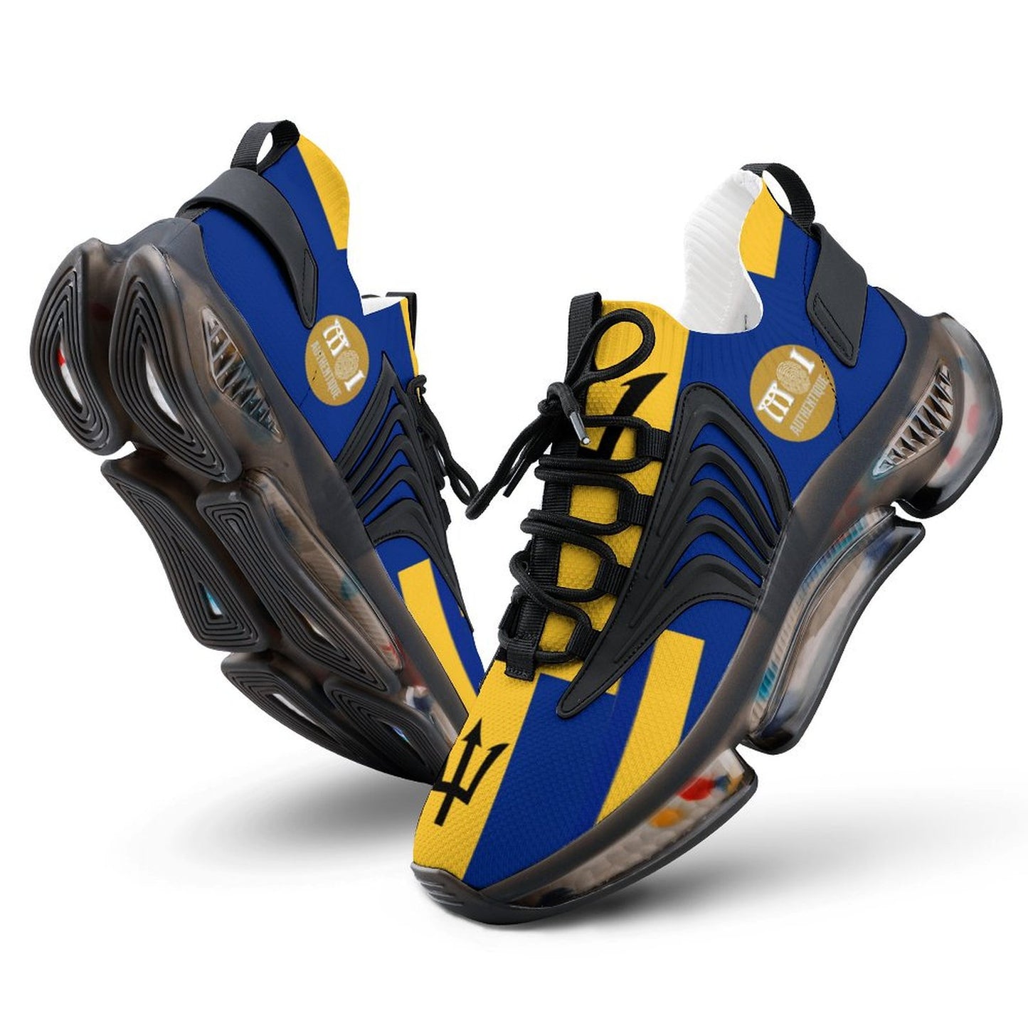 Blue and yellow sneakers with black accents on a white background