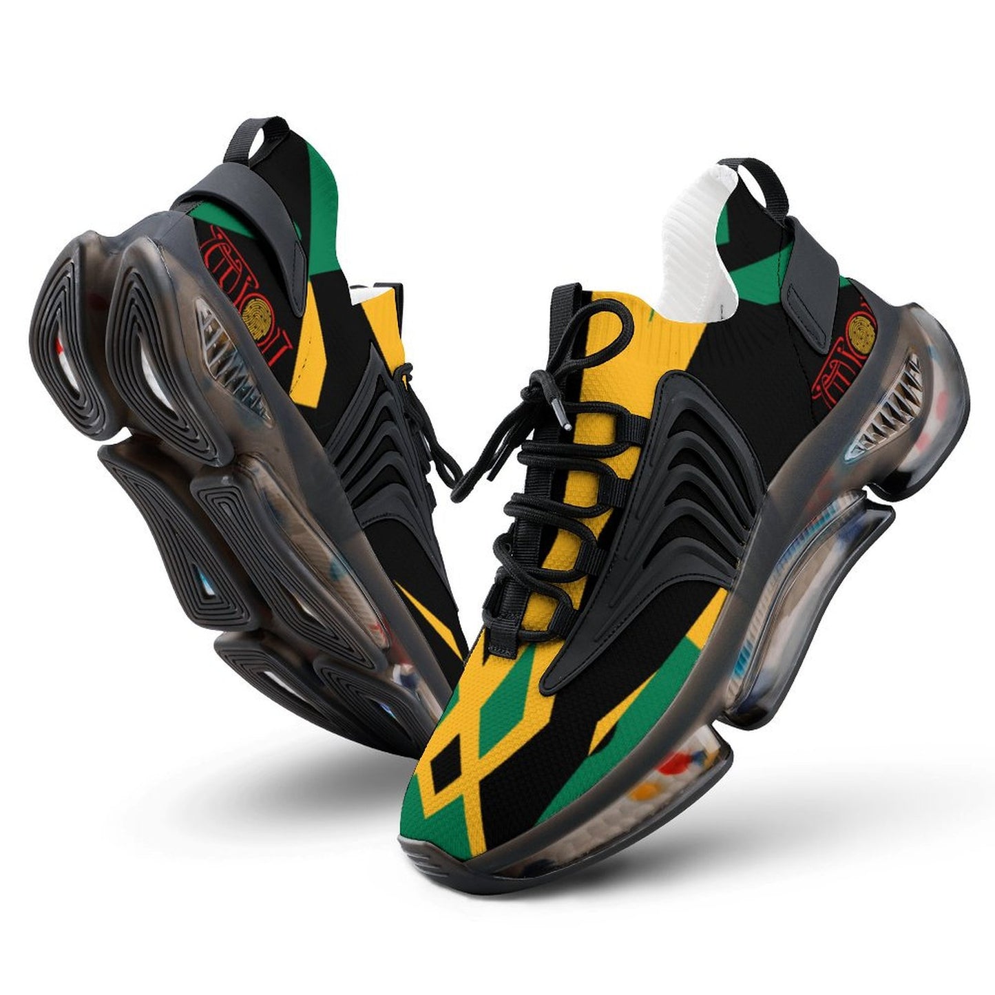 Black, yellow, and green sneakers on a white background