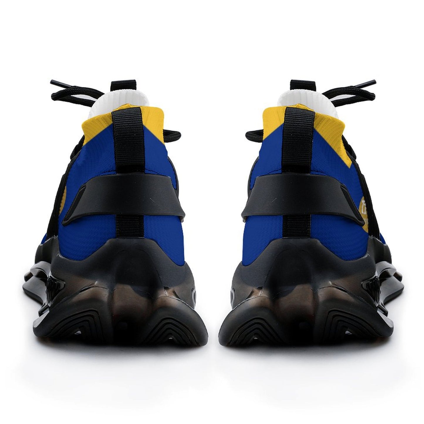 Pair of blue and black sneakers with yellow accents on a white background