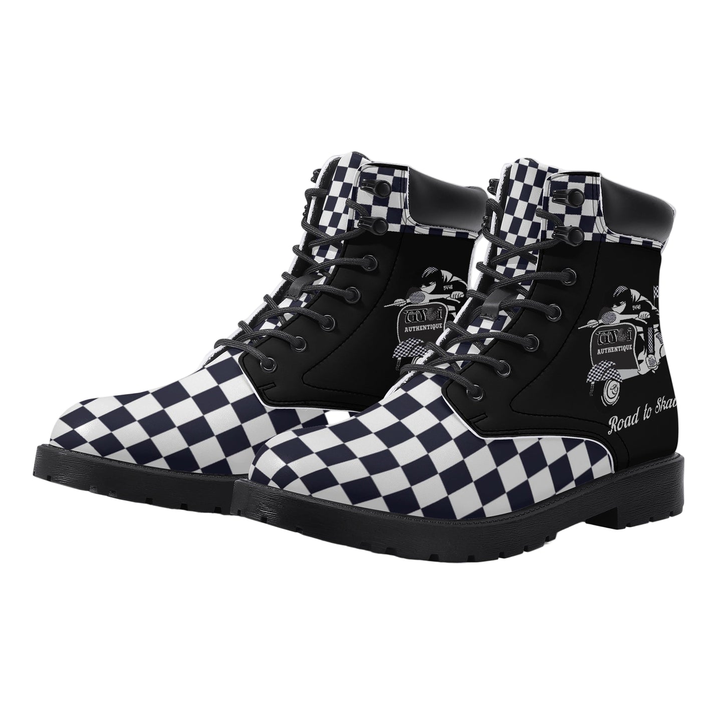 Black and white checkered high-top boots on a white background