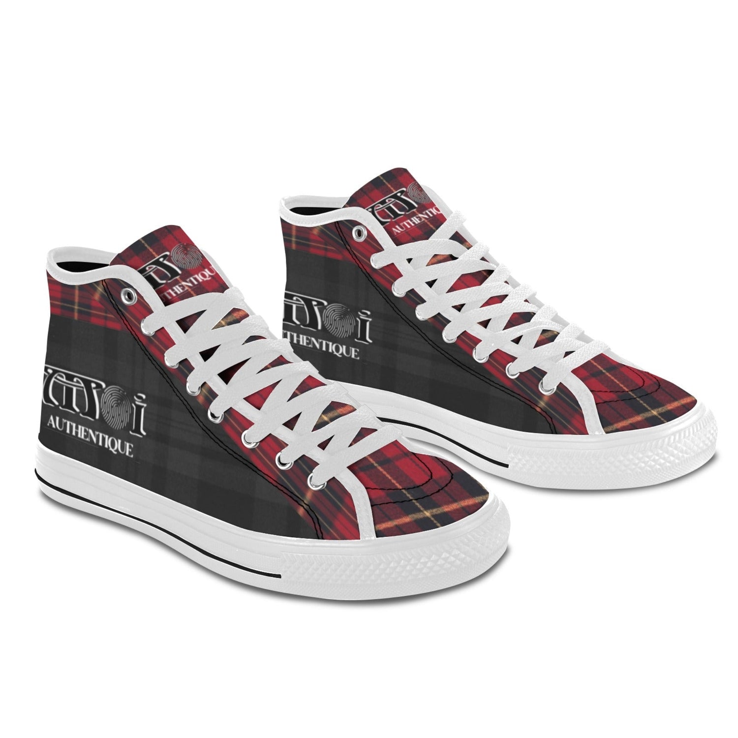 High-top sneakers with a red and black tartan pattern on a white background