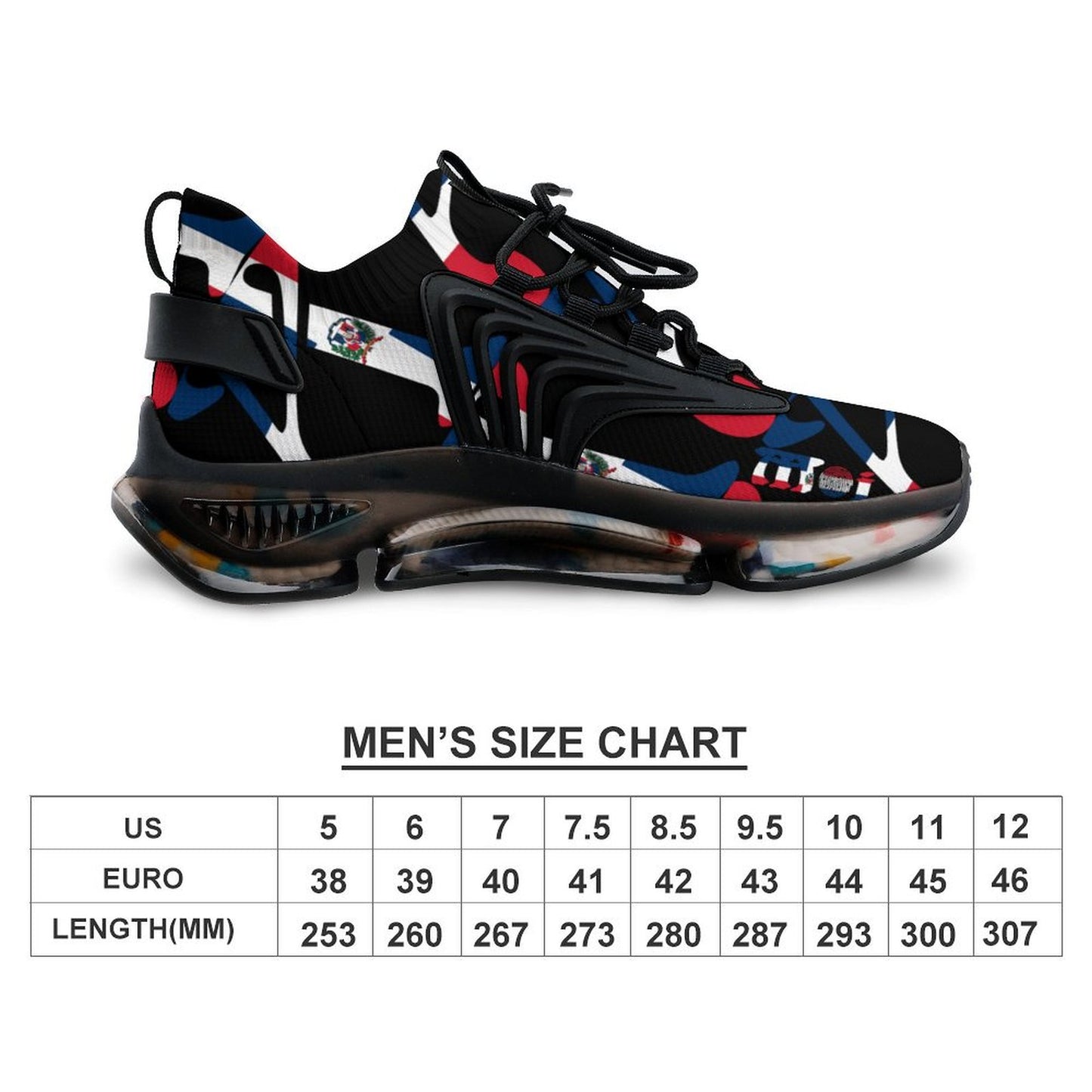 Black and multicoloured sneaker with a size chart below on a white background