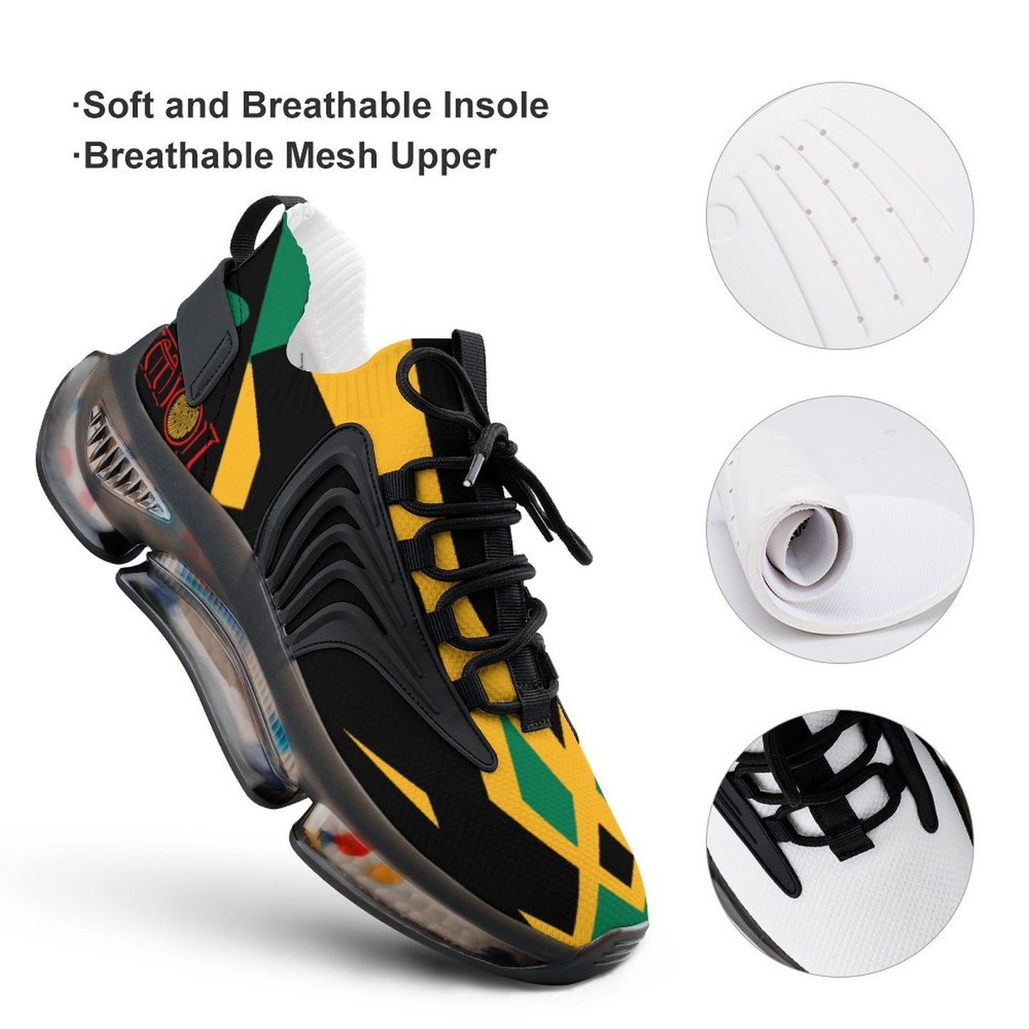 Colourful sneaker with soft and breathable insole and mesh upper features on a white background