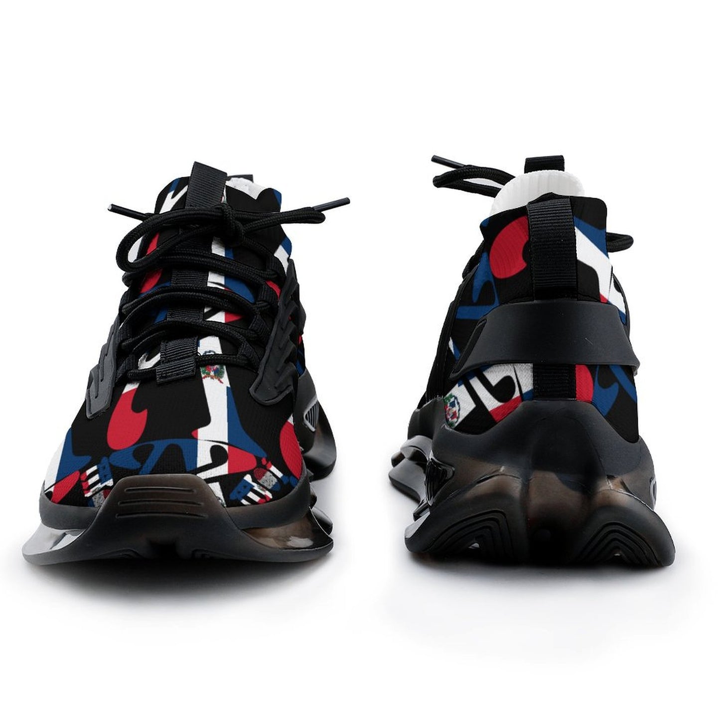 Colourful high-top sneakers with a geometric pattern on a white background