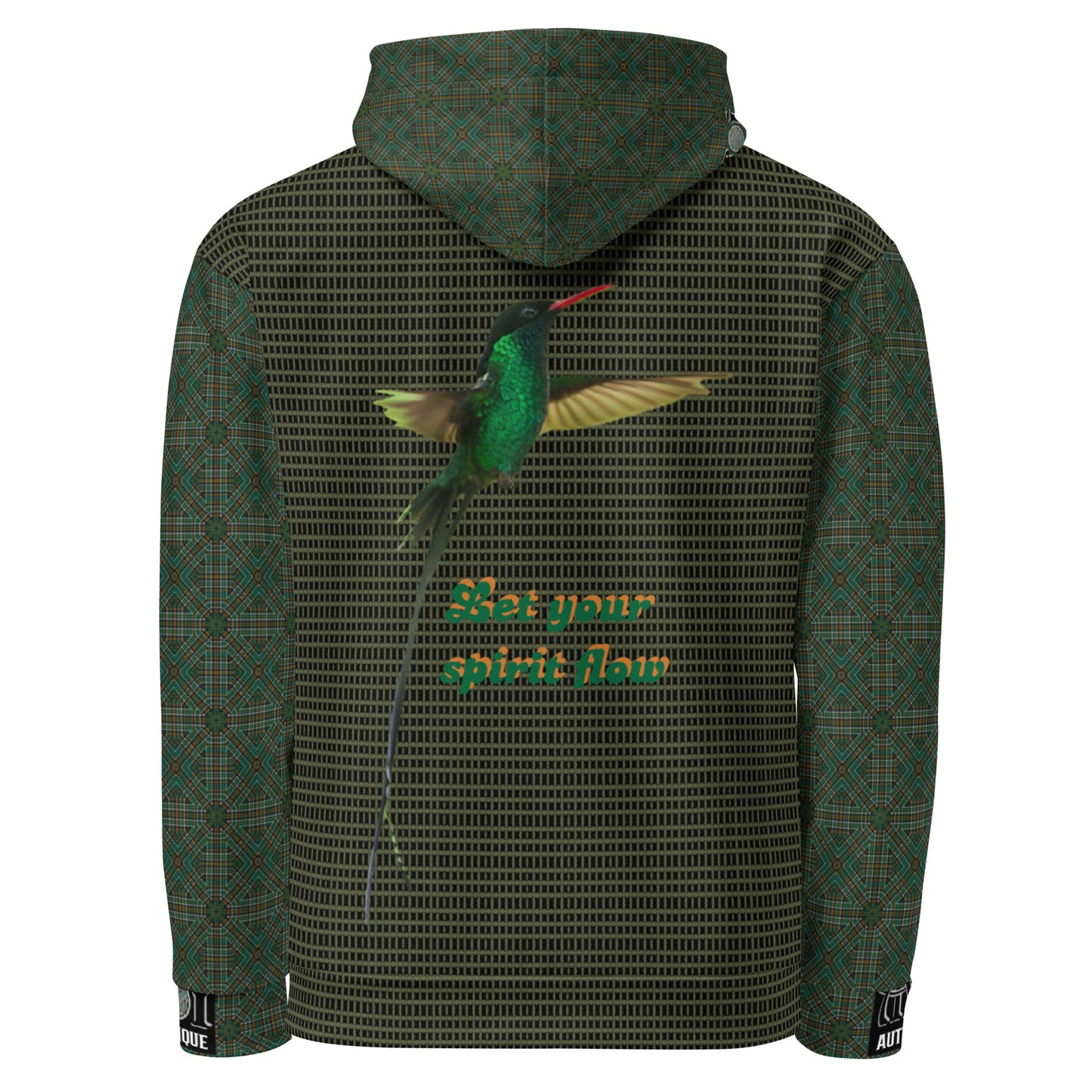 Green hoodie with a hummingbird design and text on the back against a white background