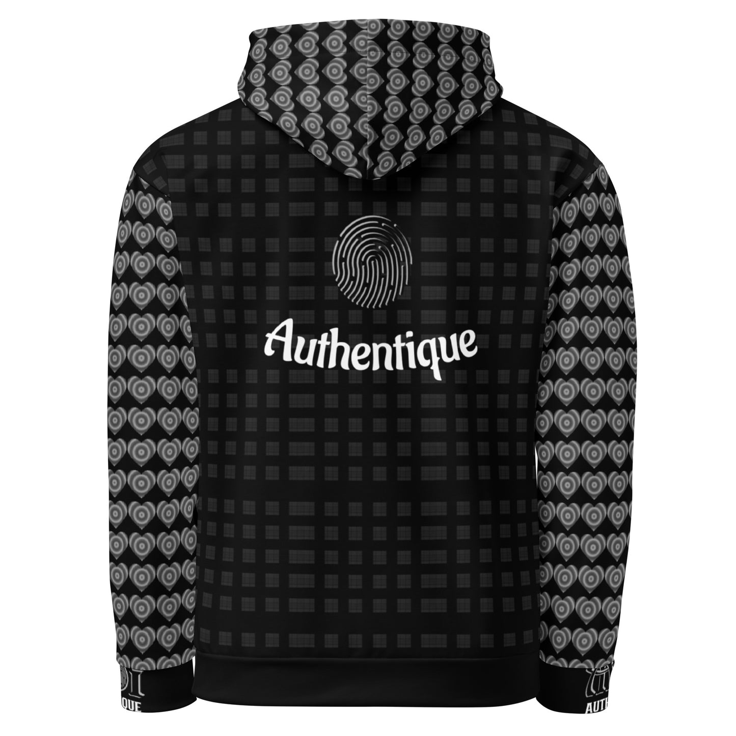 Black hoodie with patterned sleeves and hood, featuring 'Authentique' branding.