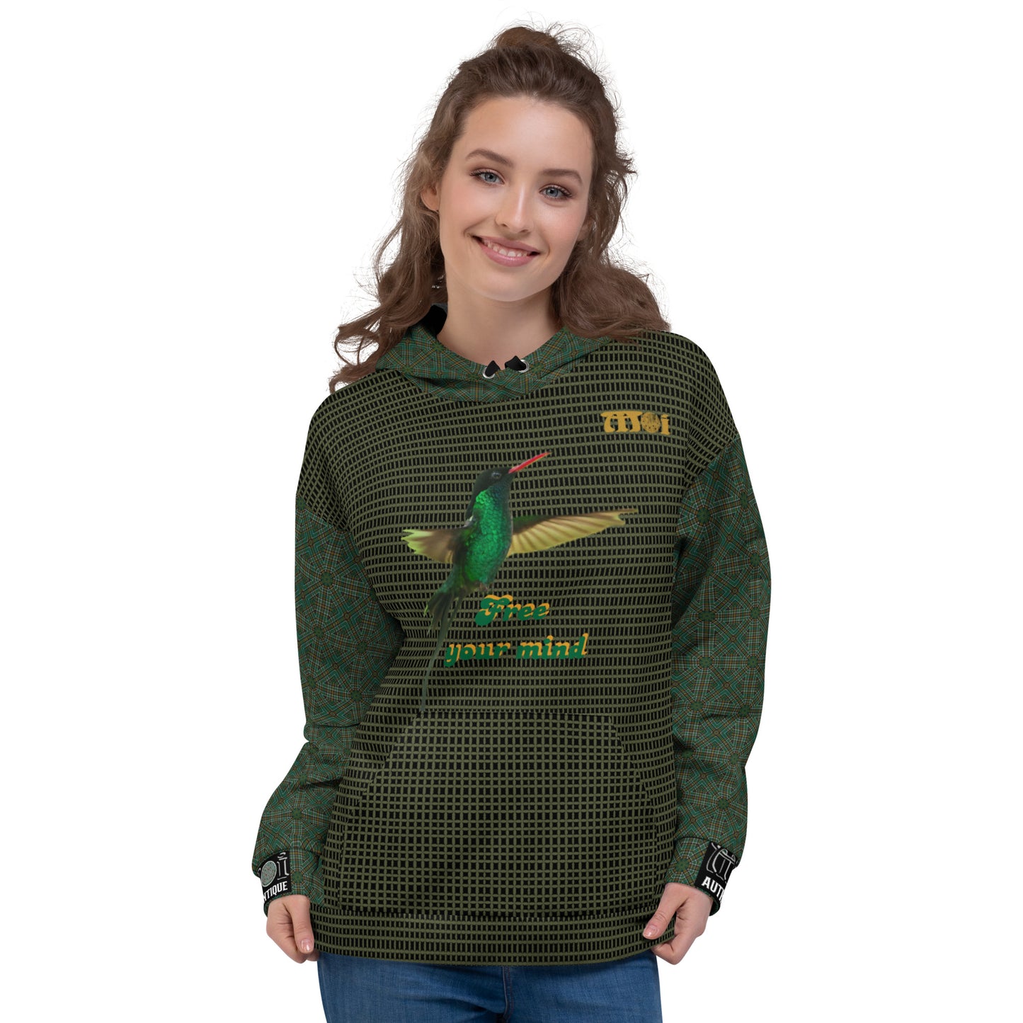 Woman wearing a green hoodie with a hummingbird design and text on a white background
