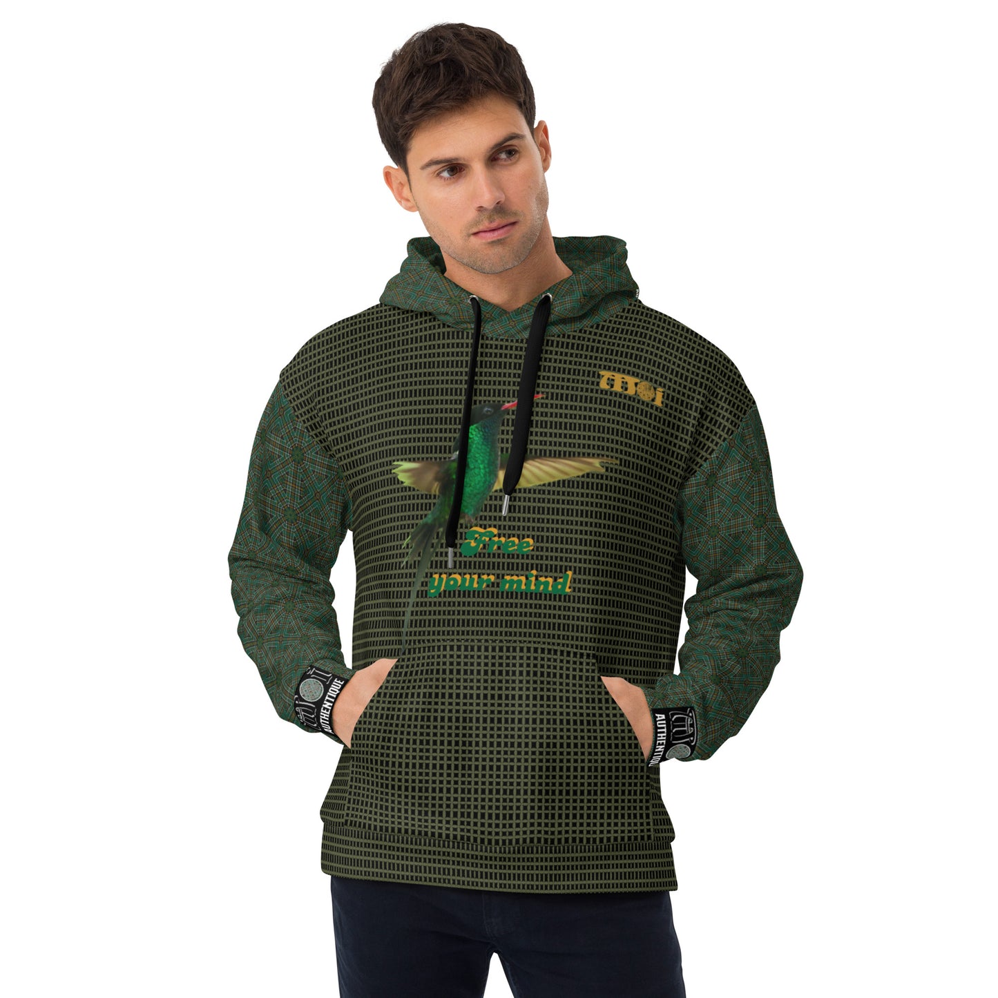 Man wearing a green patterned hoodie with text on a white background
