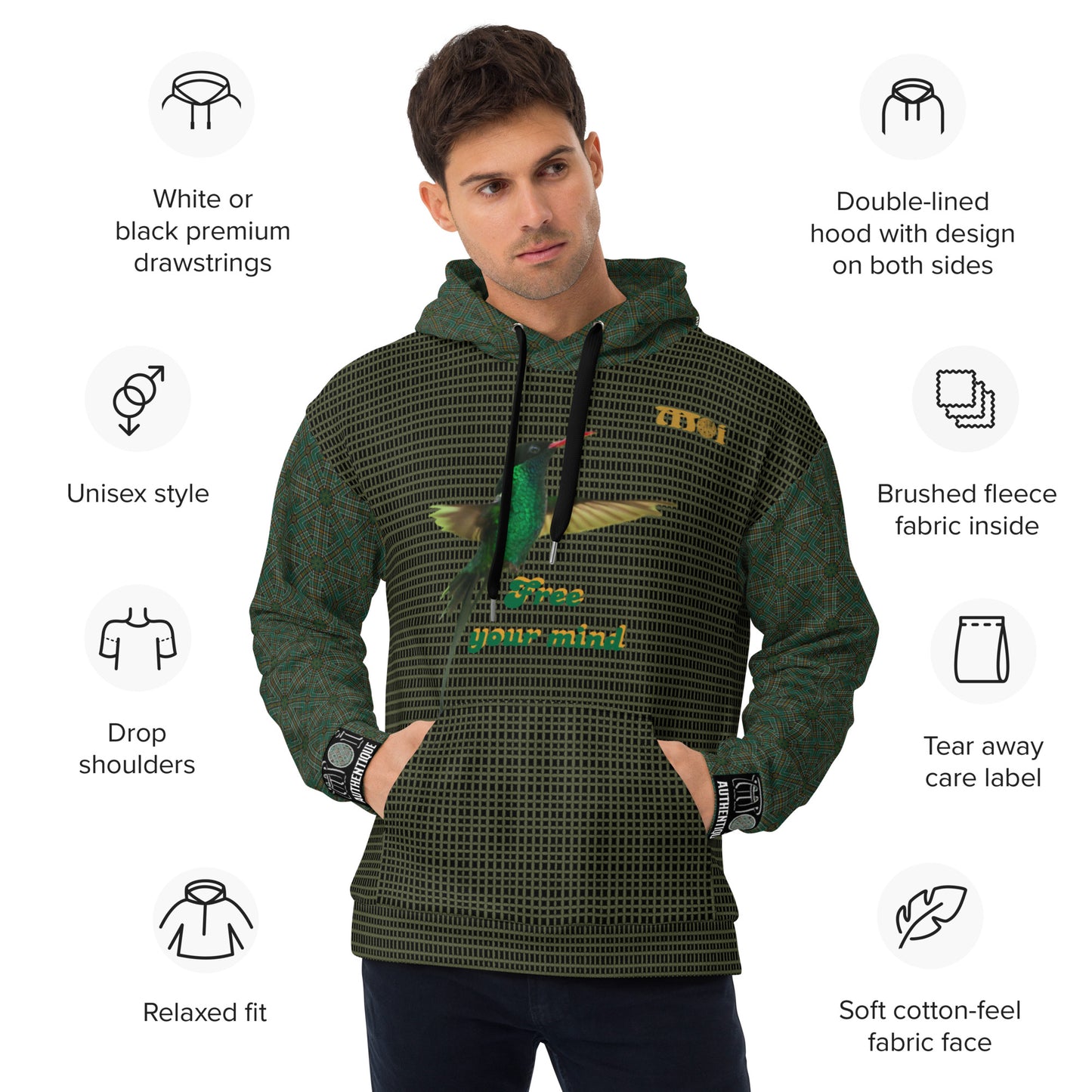 Green hoodie with text and graphics on a white background