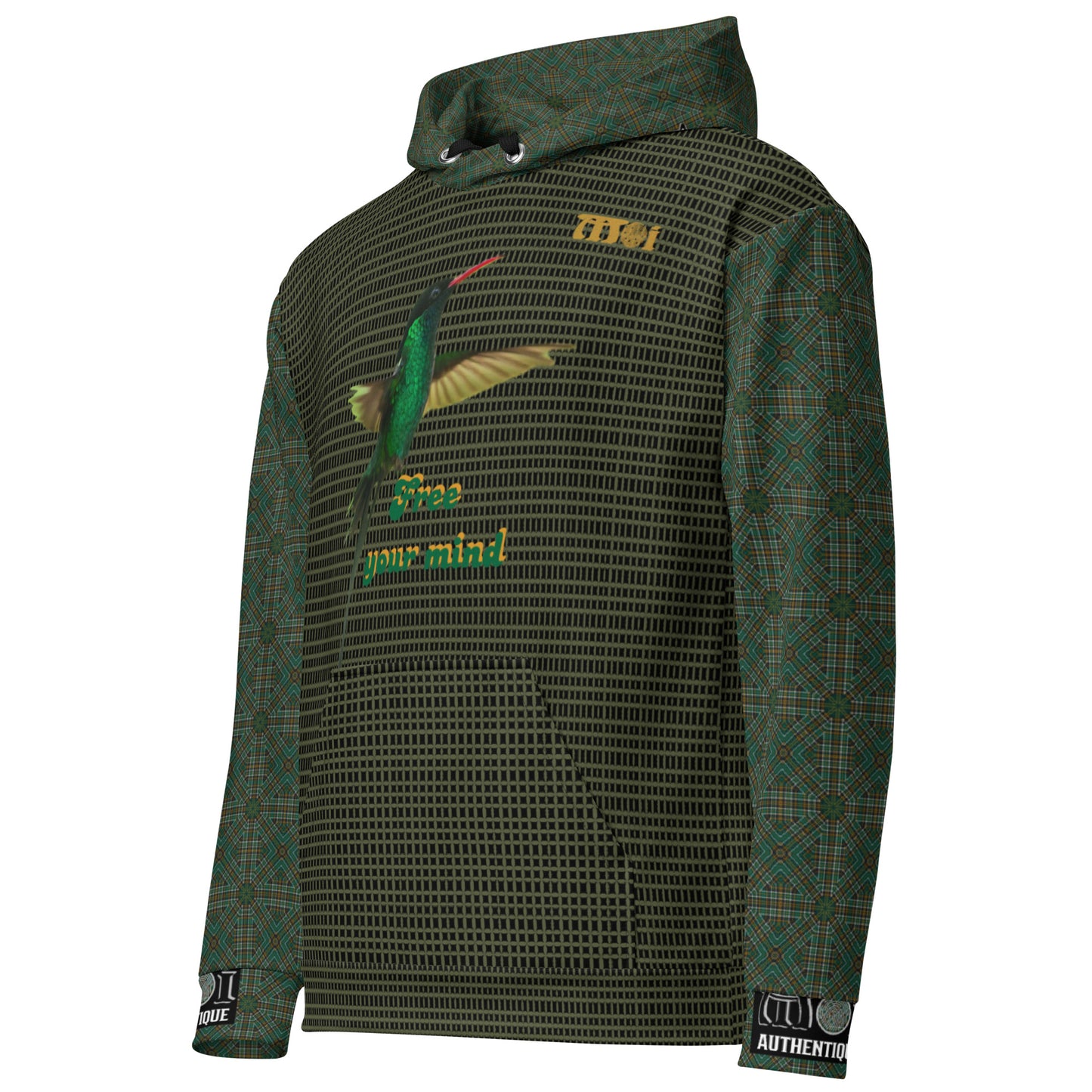 Green patterned hoodie with brand logo on a white background