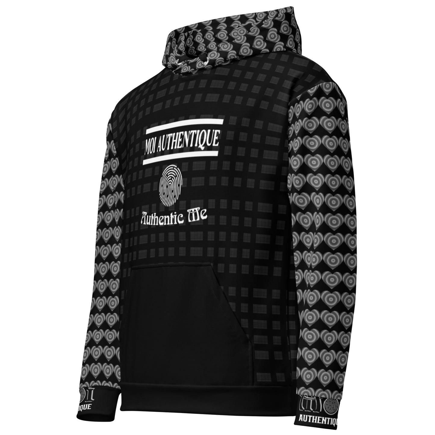 Black and grey patterned hoodie with ‘MOI AUTHENTIQUE’ text on a white background