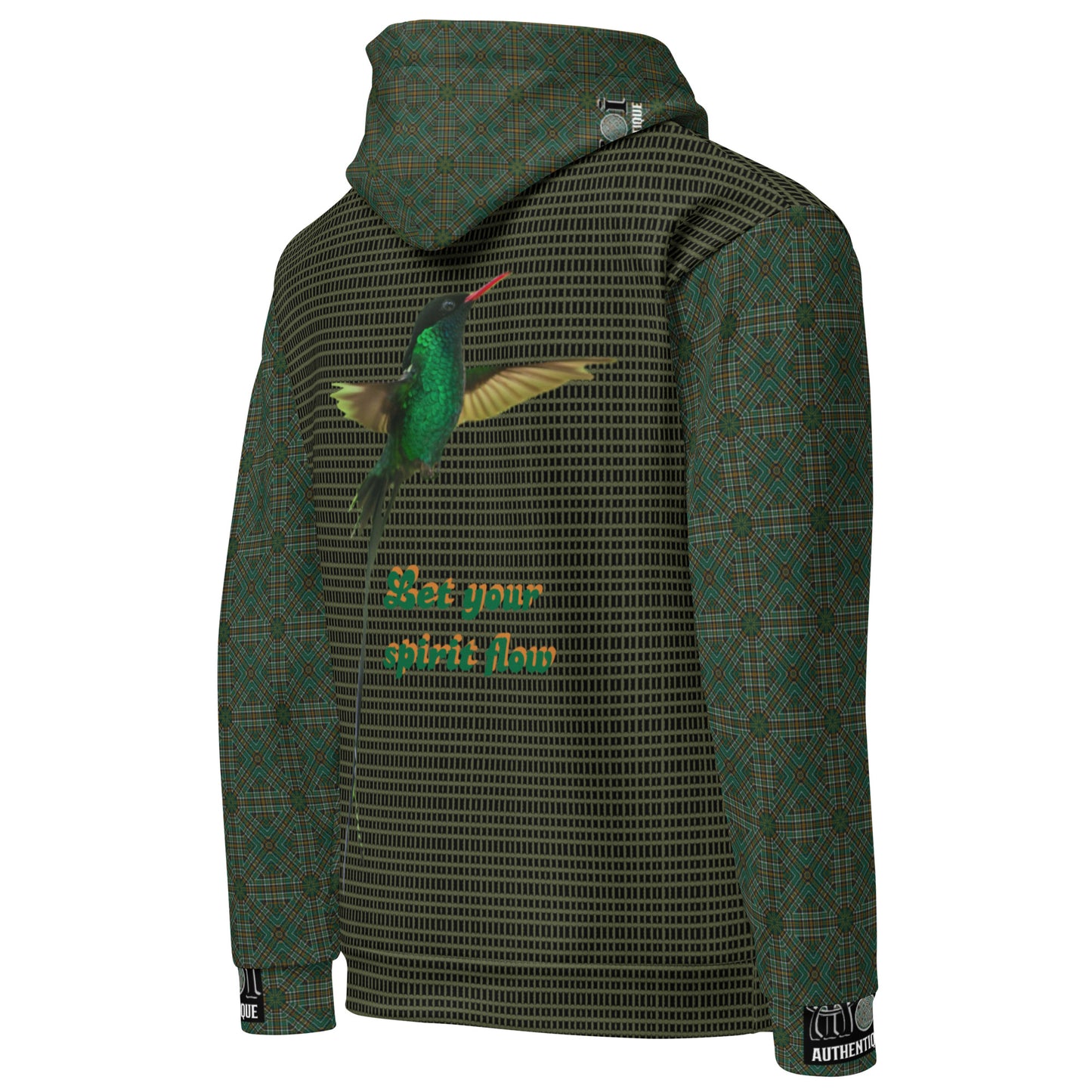 Green hoodie with a hummingbird and text on a white background