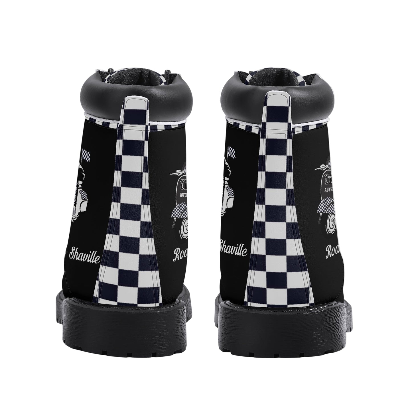 Black and white checkered high-top boots on a white background