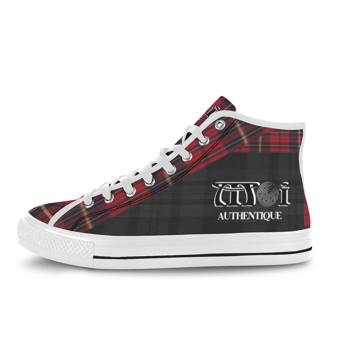 High-top sneaker with red tartan pattern and 'Authentique' branding on a white background