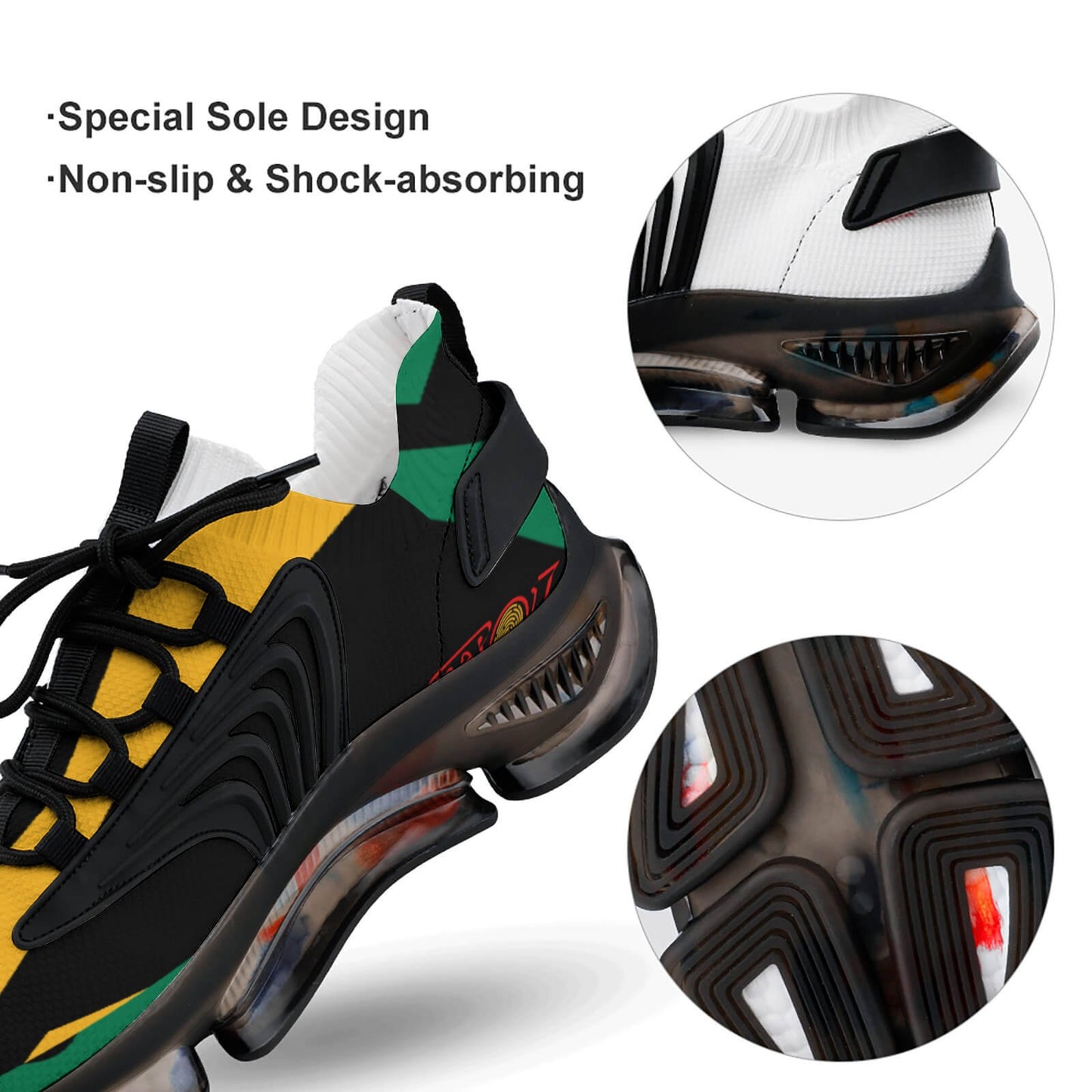 Basketball shoe with special sole design, non-slip, and shock-absorbing features.