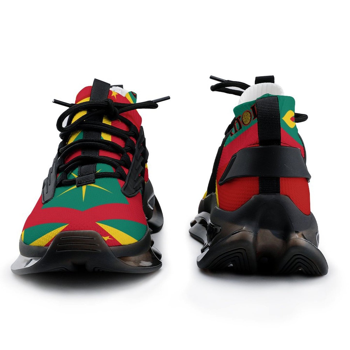 Colourful sneakers with a design inspired by the Grenadian flag on a white background