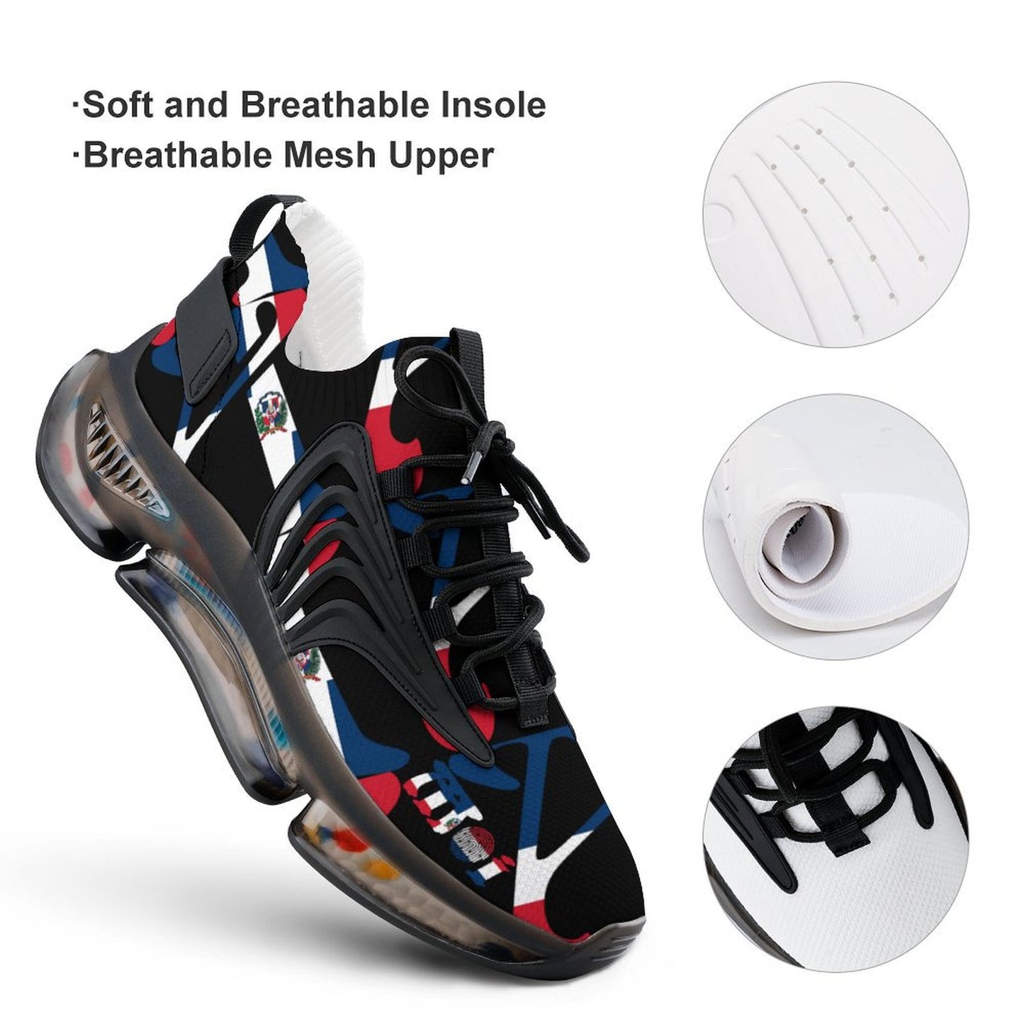 Colourful sneaker with soft and breathable insole and mesh upper on a white background
