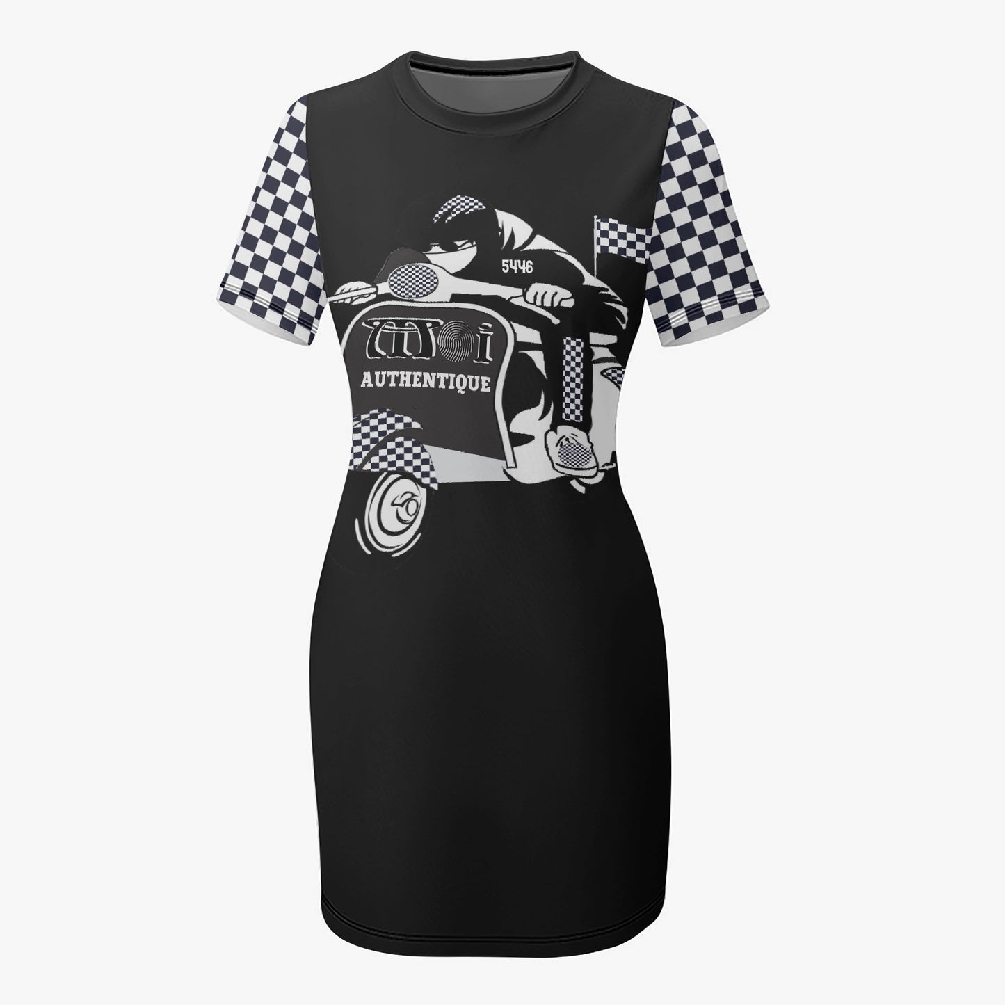 Black dress with graphic design of a scooter and checkered pattern on sleeves against a white background