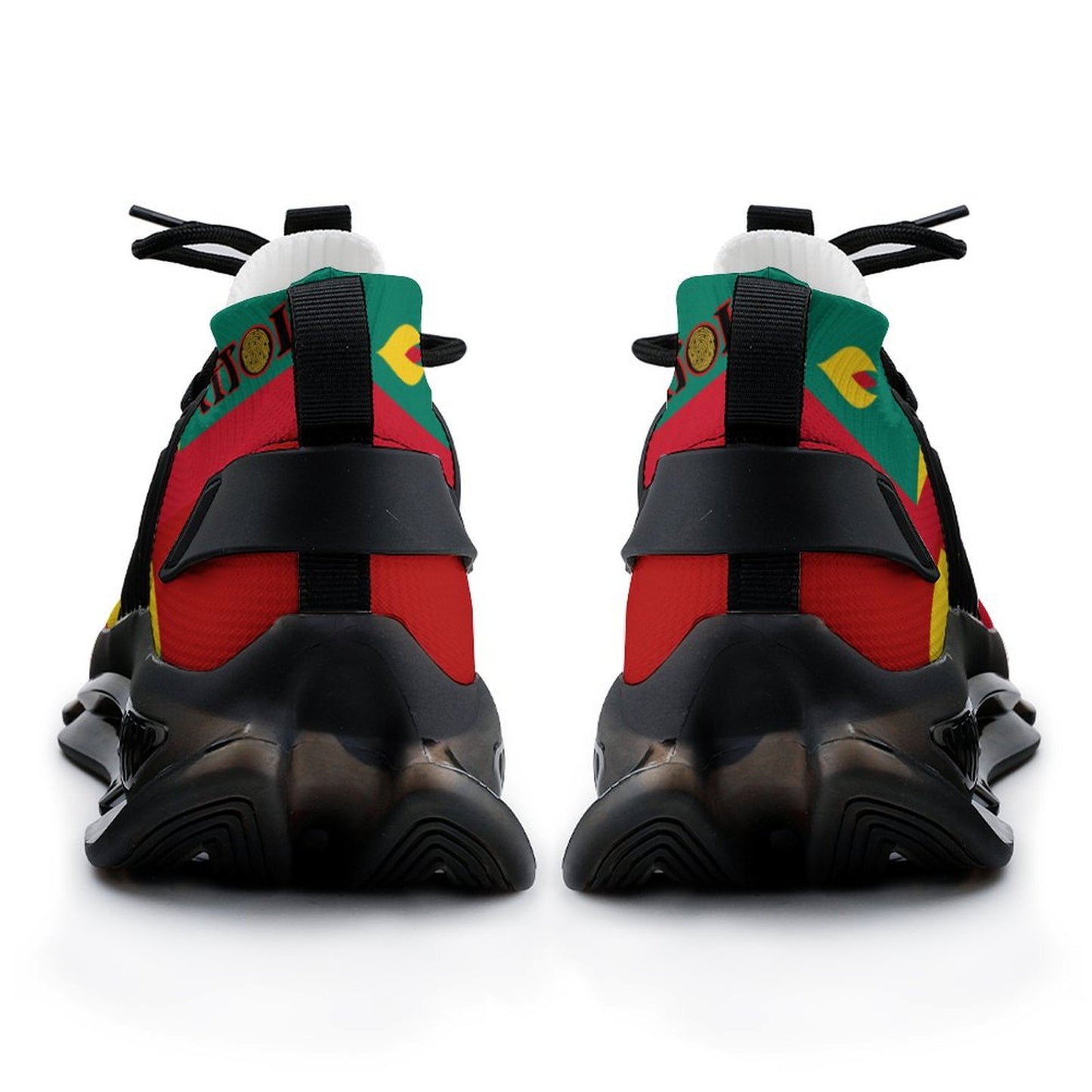 Pair of colourful sneakers with black soles on a white background