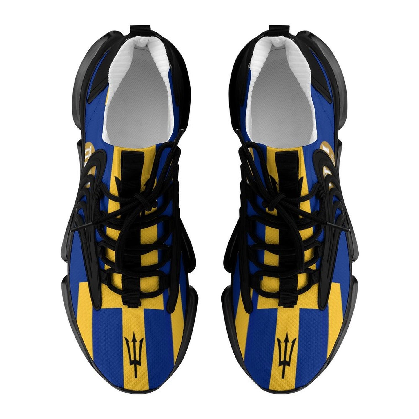 Blue and yellow shoes with a black logo on a white background