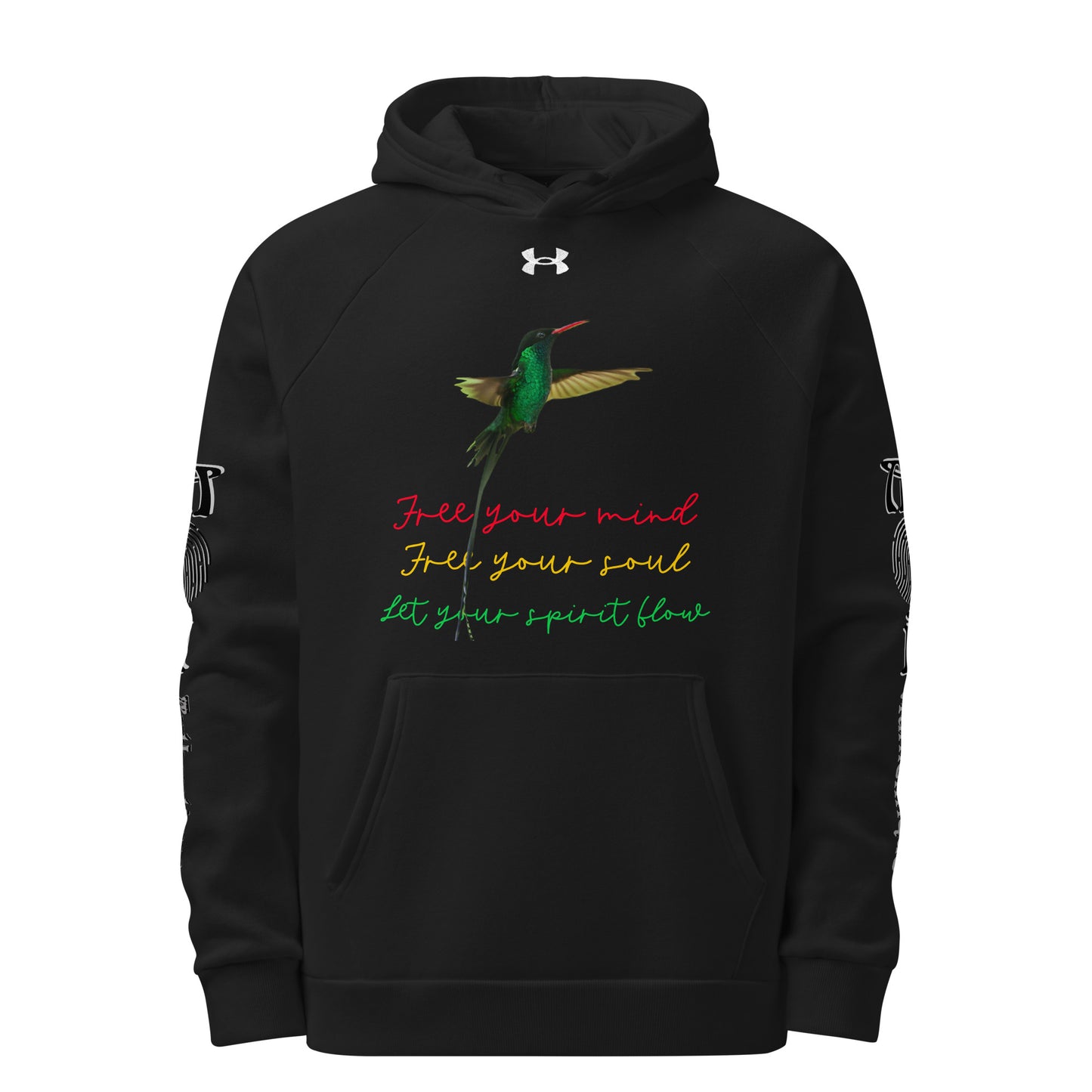 Moi Authentique product display showing a black Under Armour hoodie with multicoloured text and graphics, a front pouch pocket, and ribbed cuffs.