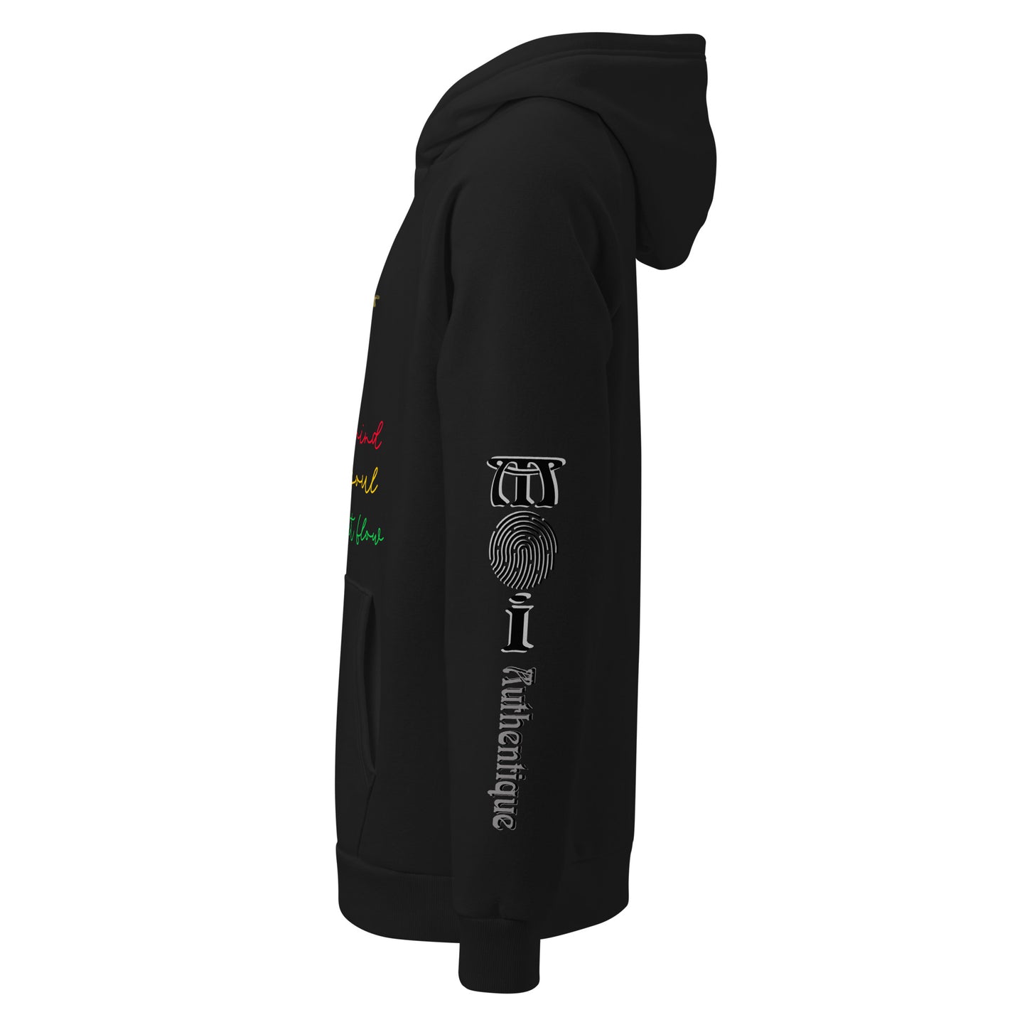 Product mockup showing text and logo on sleeve