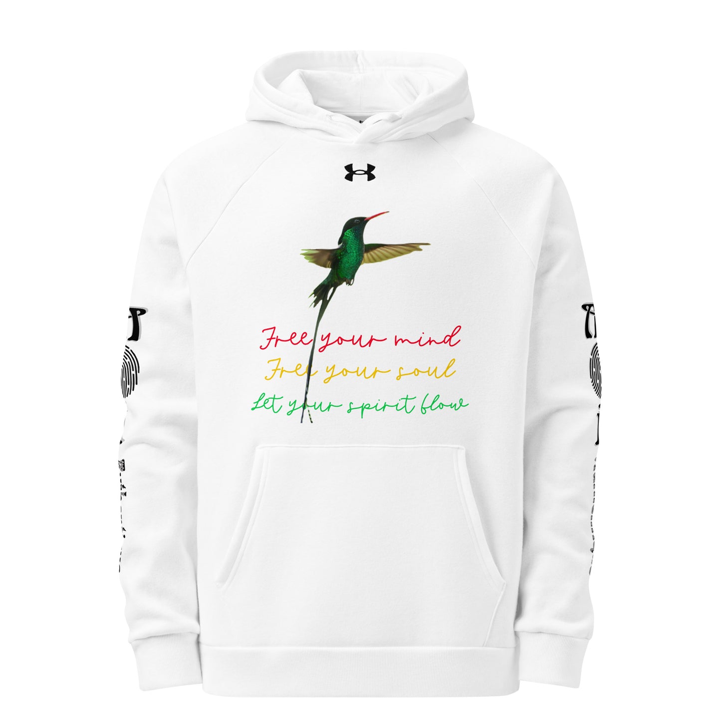 Moi Authentique product mockup showing a white Under Armour hoodie with multicoloured text and graphics, a front pouch pocket, and ribbed cuffs.