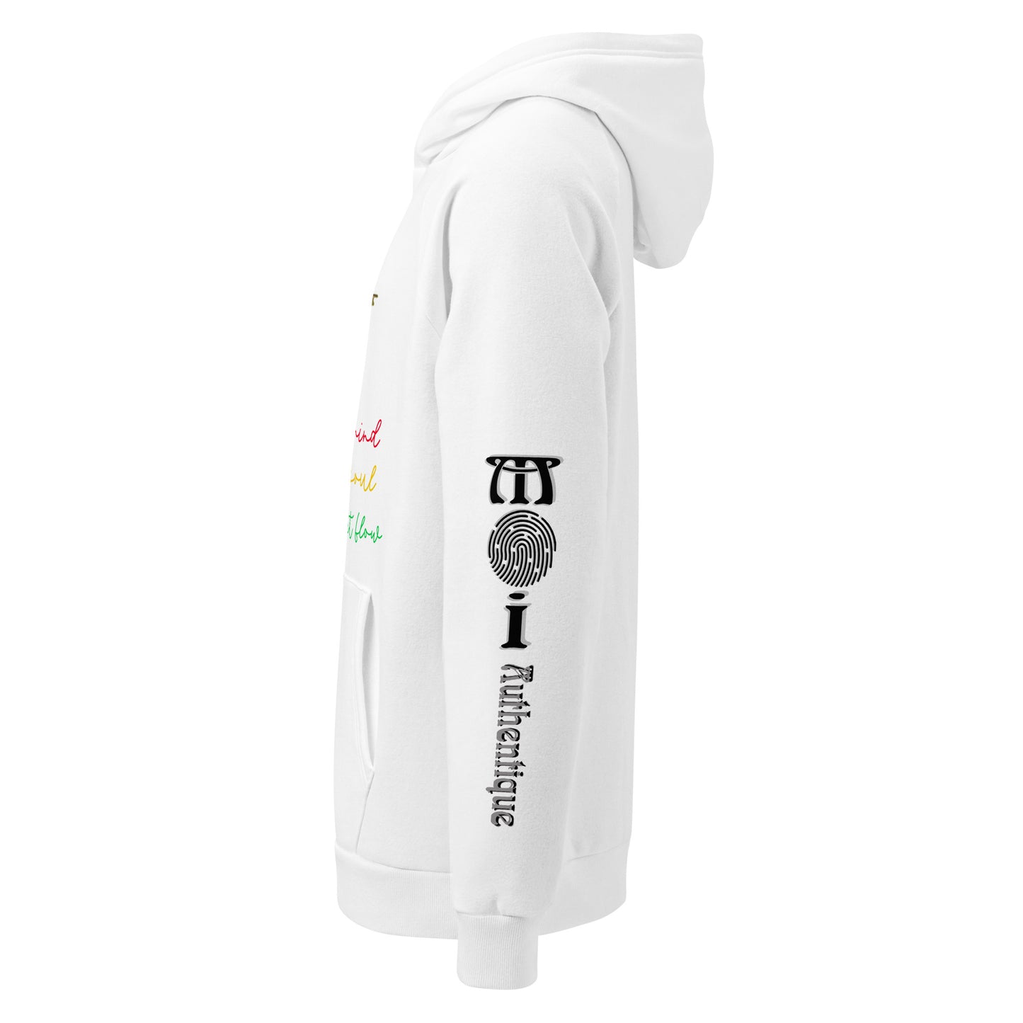 Product mockup showing logo and text on left sleeve