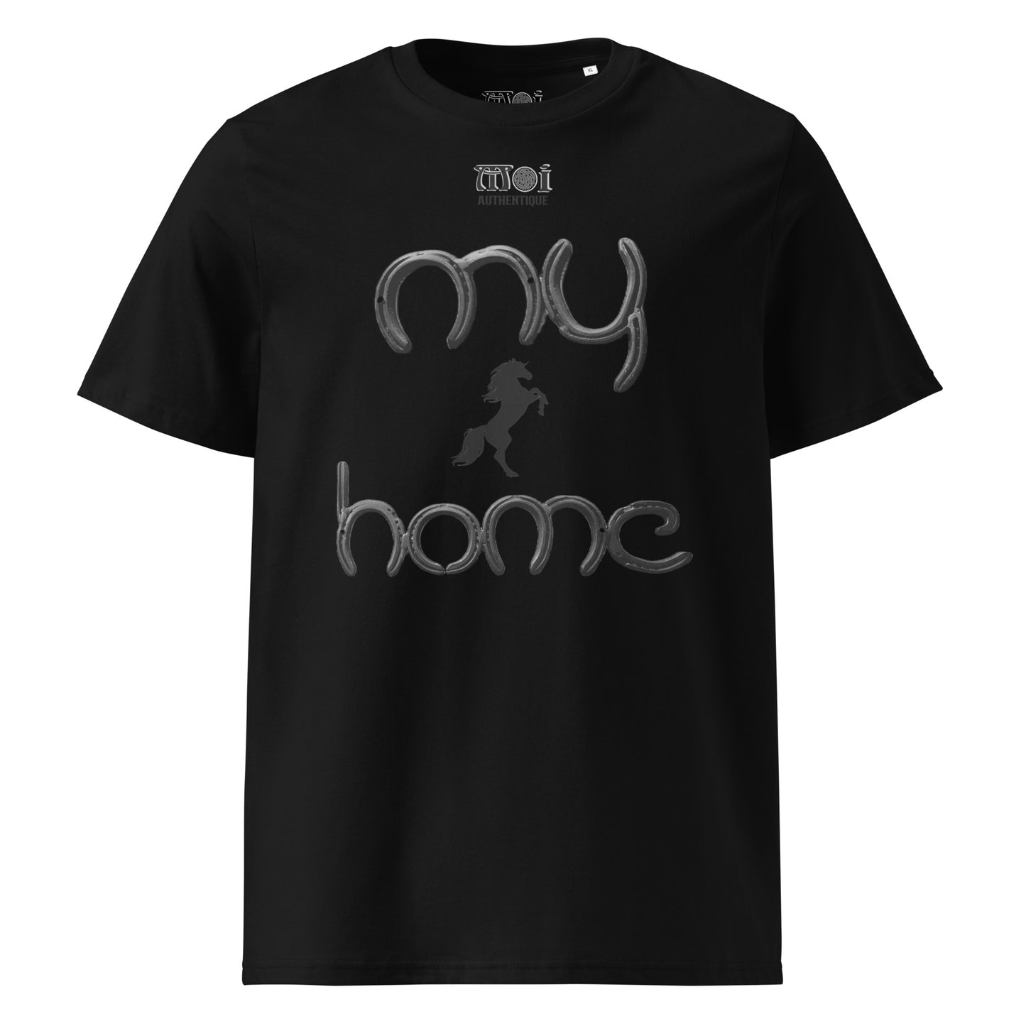Image showing black t-shirt with the wording my home and a small image of a horse.
